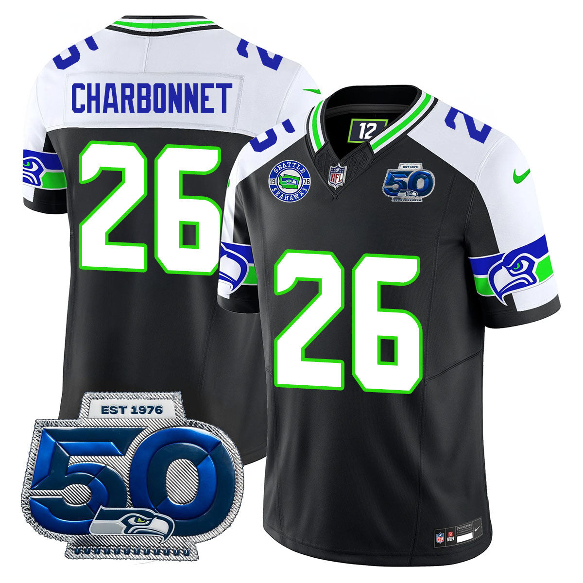 Hunk Wear - Seattle Seahawks 50th Season Vapor Limited Jersey ' All Stitcheds ' Black Alternate ' Zach Charbonnet Jersey