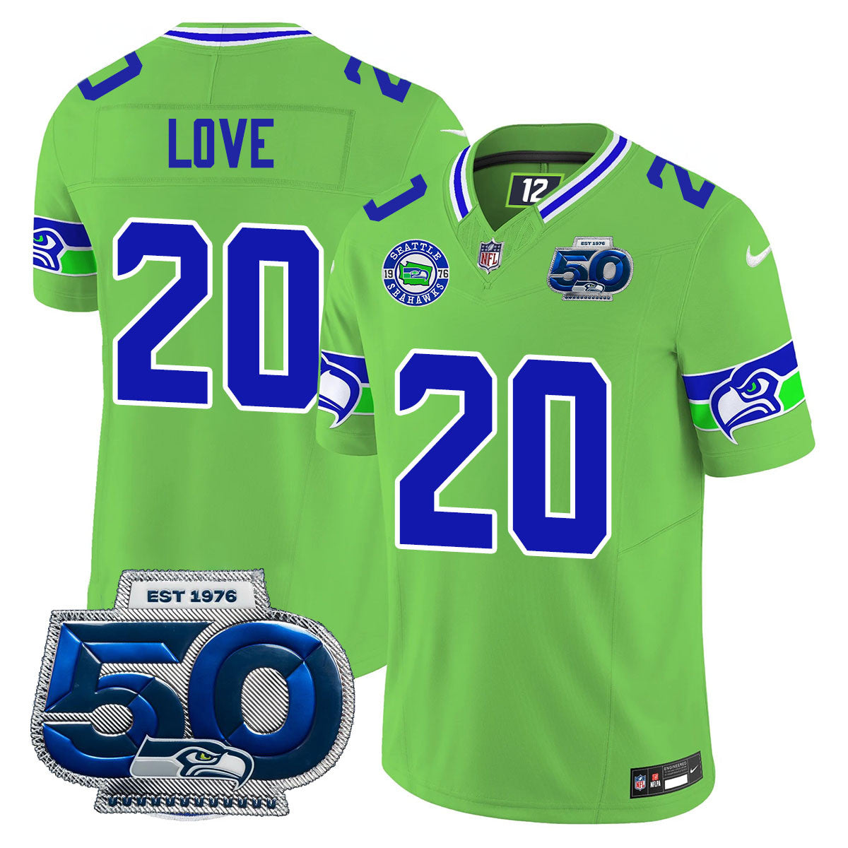 Hunk Wear - Seattle Seahawks 50th Season Vapor Limited Jersey ' All Stitcheds ' Green ' Julian Love Jersey