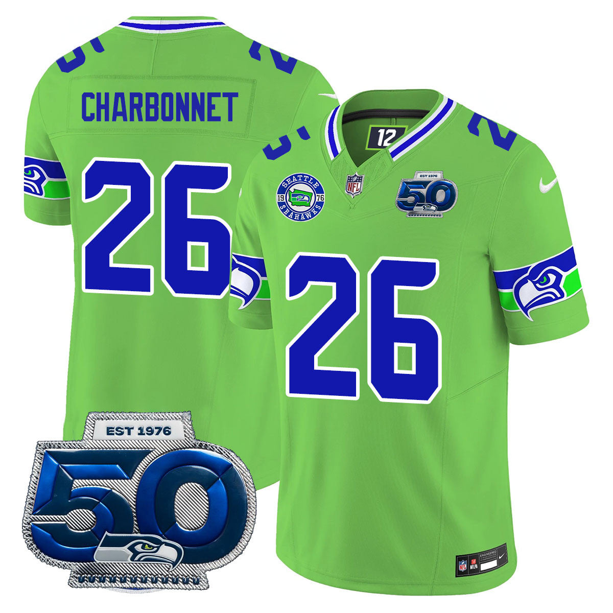 Hunk Wear - Seattle Seahawks 50th Season Vapor Limited Jersey ' All Stitcheds ' Green ' Zach Charbonnet Jersey