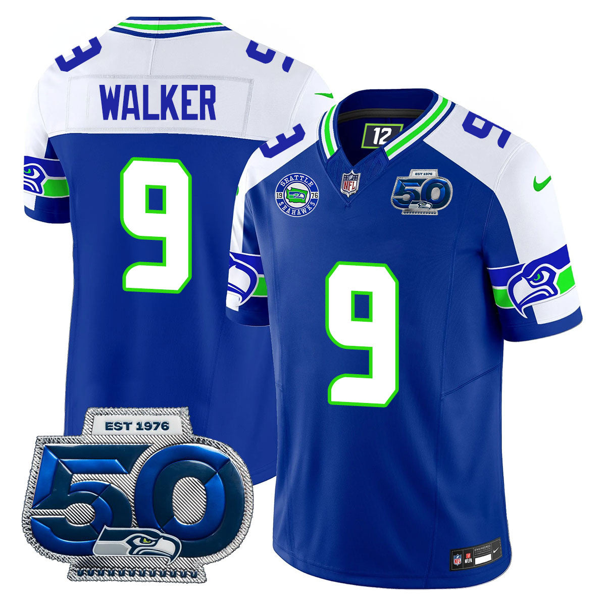Hunk Wear - Seattle Seahawks 50th Season Vapor Limited Jersey ' All Stitcheds ' Royal Alternate ' Kenneth Walker III Jersey
