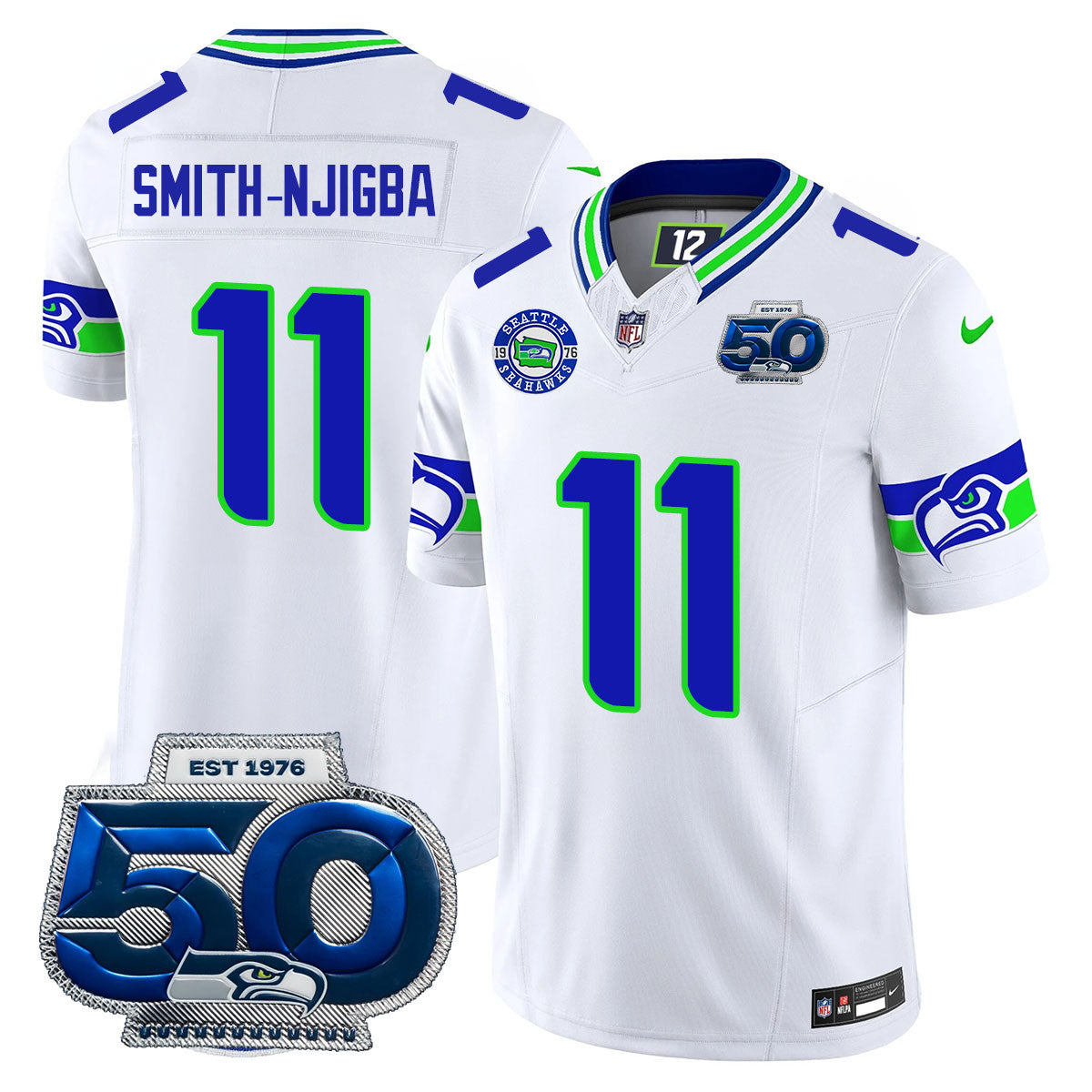 Hunk Wear - Seattle Seahawks 50th Season Vapor Limited Jersey ' All Stitcheds ' White ' Jaxon Smith-Njigba Jersey