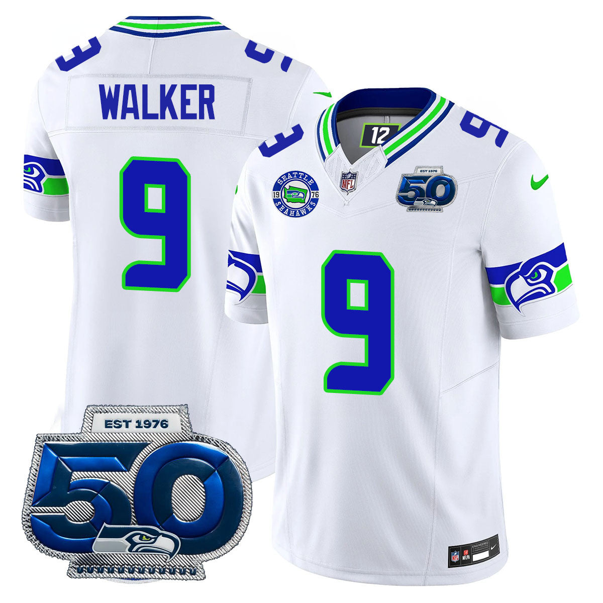 Hunk Wear - Seattle Seahawks 50th Season Vapor Limited Jersey ' All Stitcheds ' White ' Kenneth Walker III Jersey