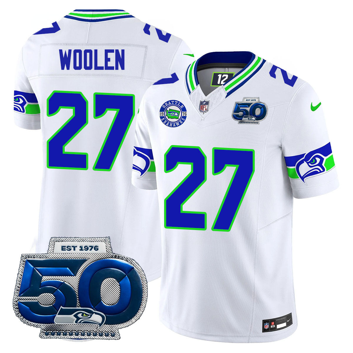 Hunk Wear - Seattle Seahawks 50th Season Vapor Limited Jersey ' All Stitcheds ' White ' Riq Woolen Jersey