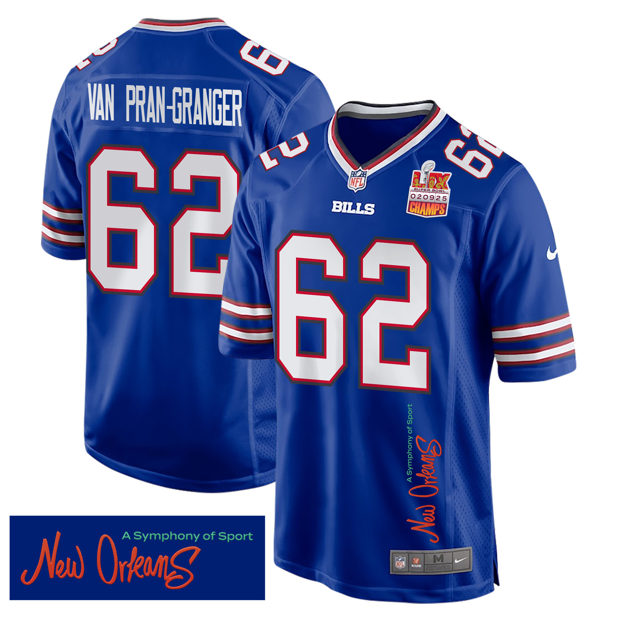 Hunk Wear - Sedrick Van Pran-Granger 62 Buffalo Bills Super Bowl LIX Champions Patch 'New Orleans ' A Symphony of Sport' EMBROIDERED Game Men Jersey ' Royal