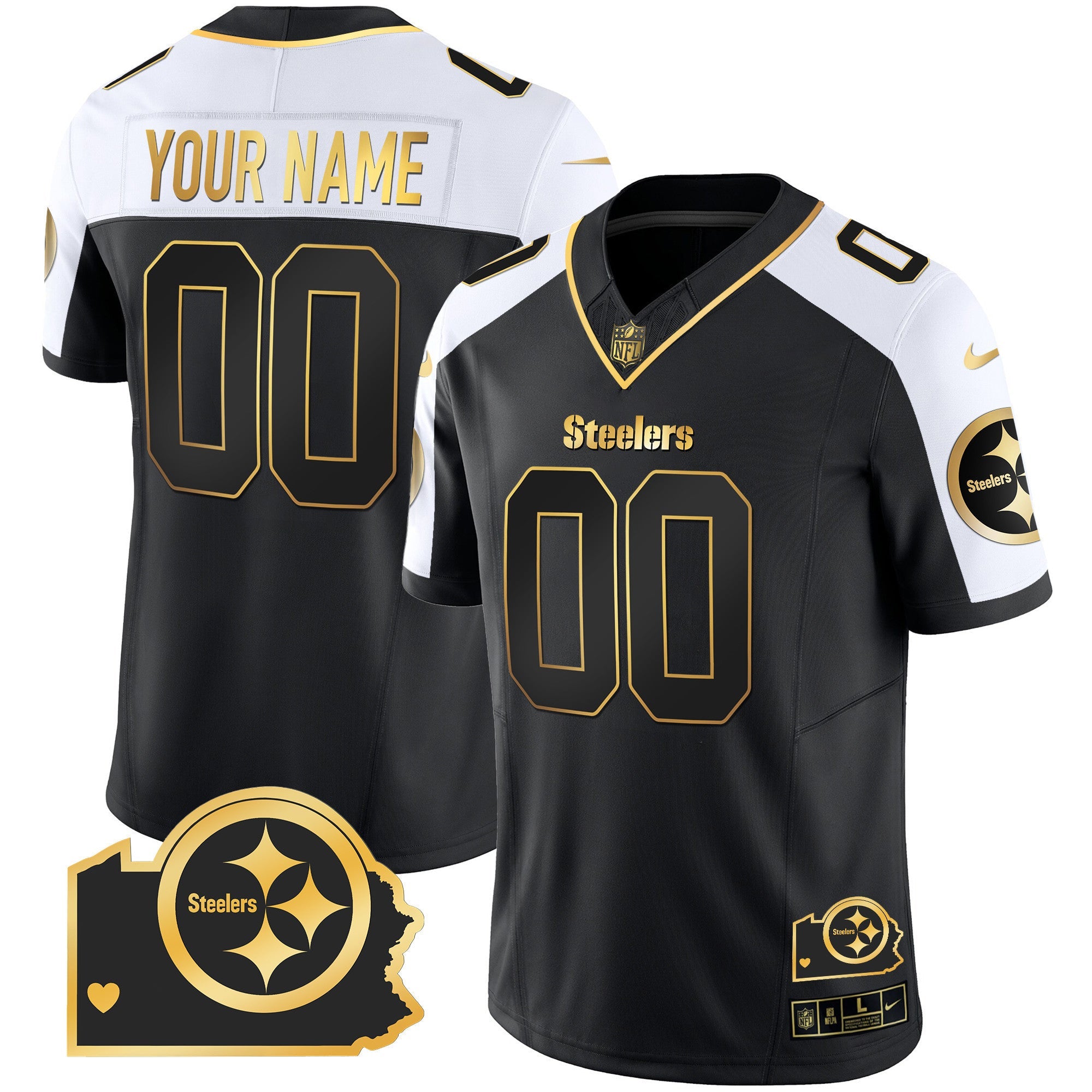 Hunk Wear - Steelers Home Patch Gold Vapor Custom Jersey ' All Stitched ' Alternate Jersey