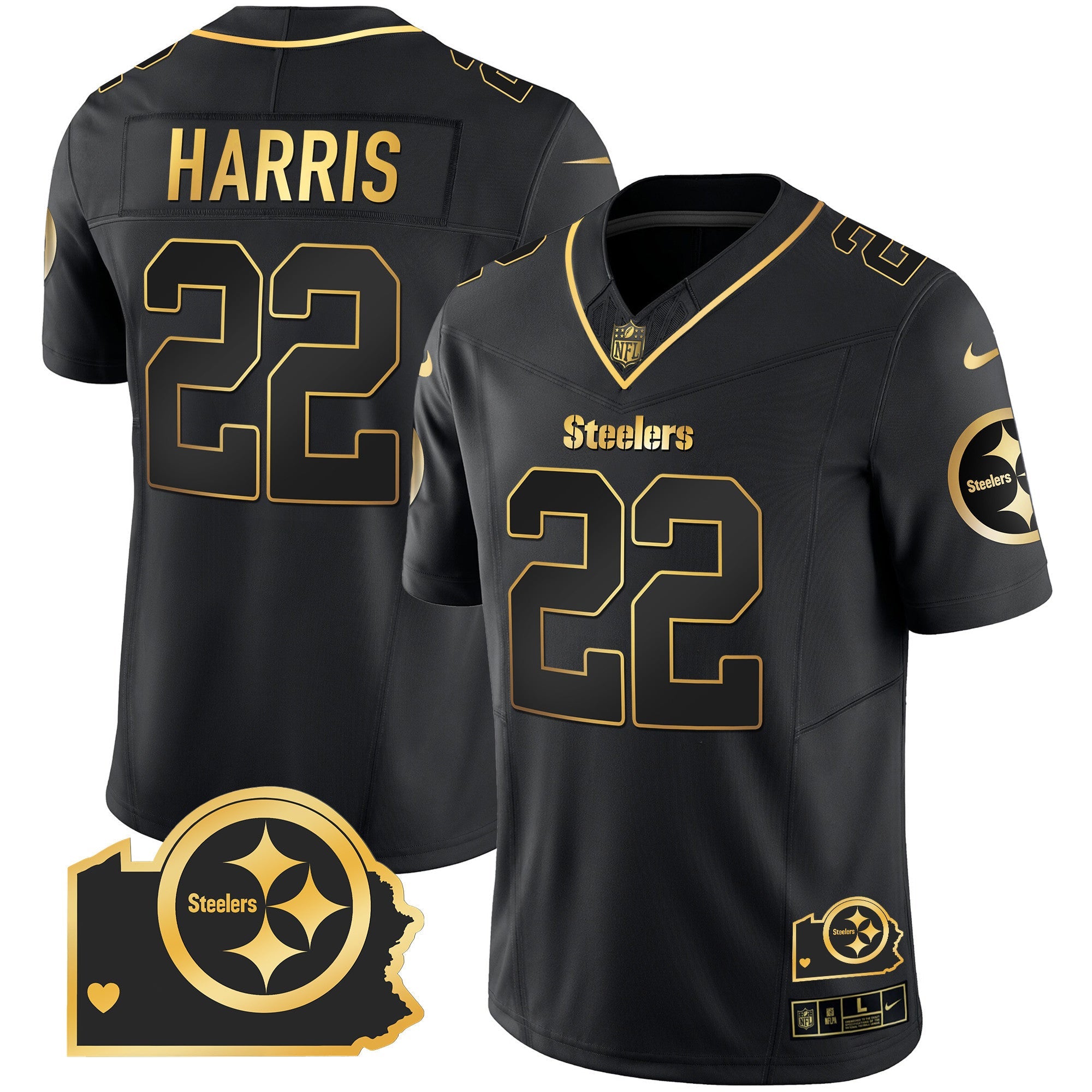 Hunk Wear - Steelers Home Patch Gold Vapor Jersey ' All Stitched ' Black Gold ' Najee Harris Jersey
