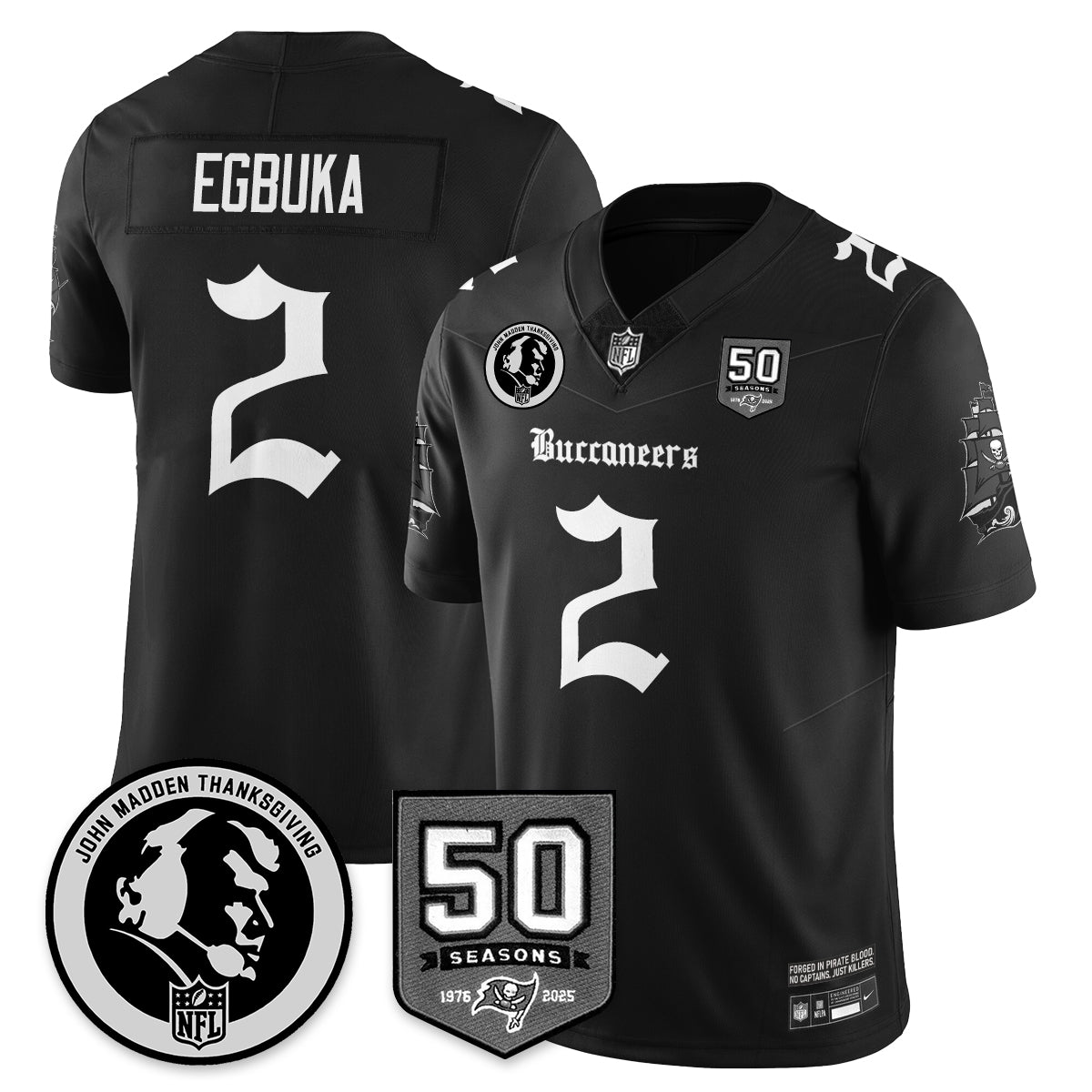 Hunk Wear - Tampa Bay Buccaneers Gothic Vapor Limited Jersey ' John Madden Patch ' All Stitched ' Black ' Emeka Egbuka Jersey