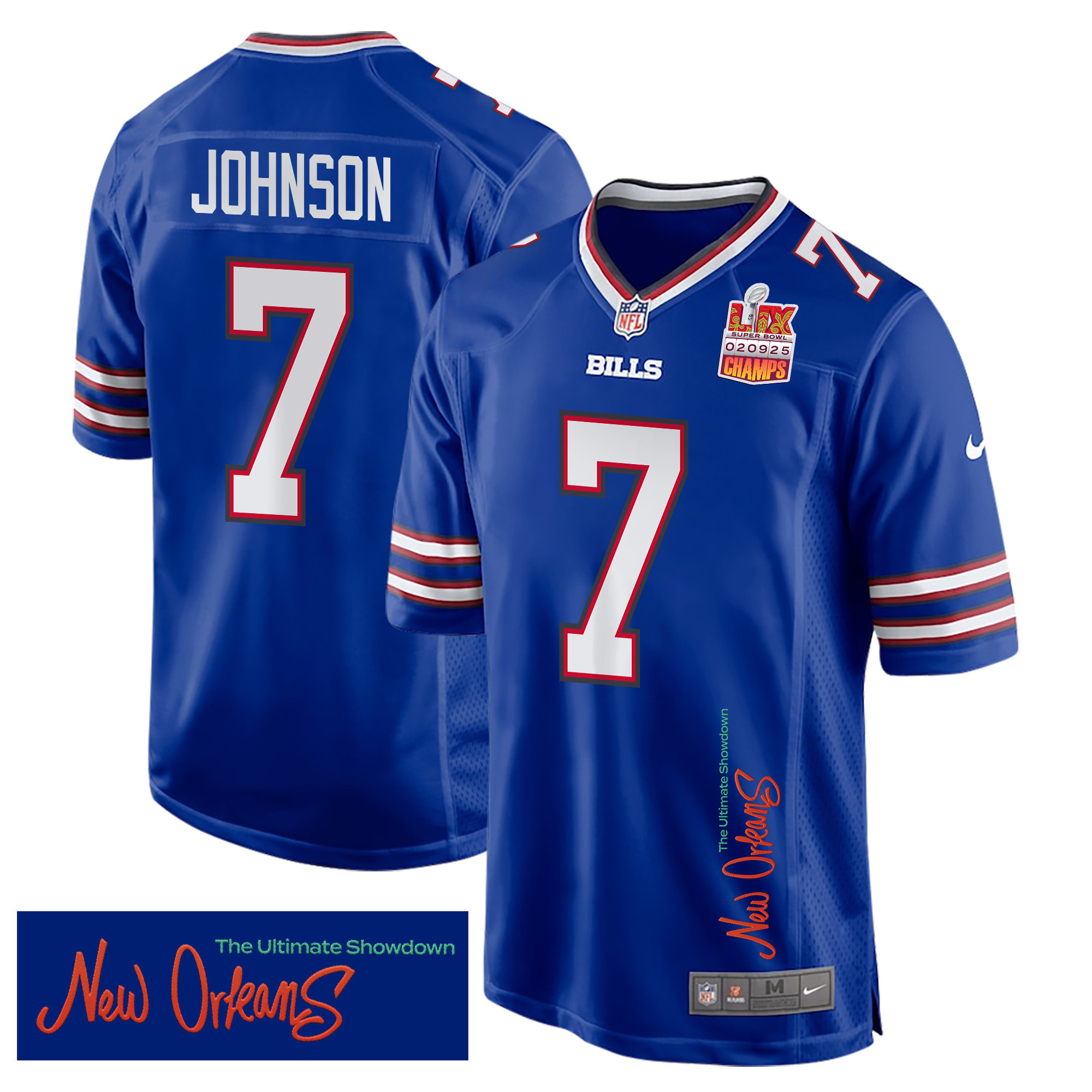 Hunk Wear - Taron Johnson 7 Buffalo Bills Super Bowl LIX Champions Patch 'New Orleans ' The Ultimate Showdown' EMBROIDERED Game Men Jersey ' Royal