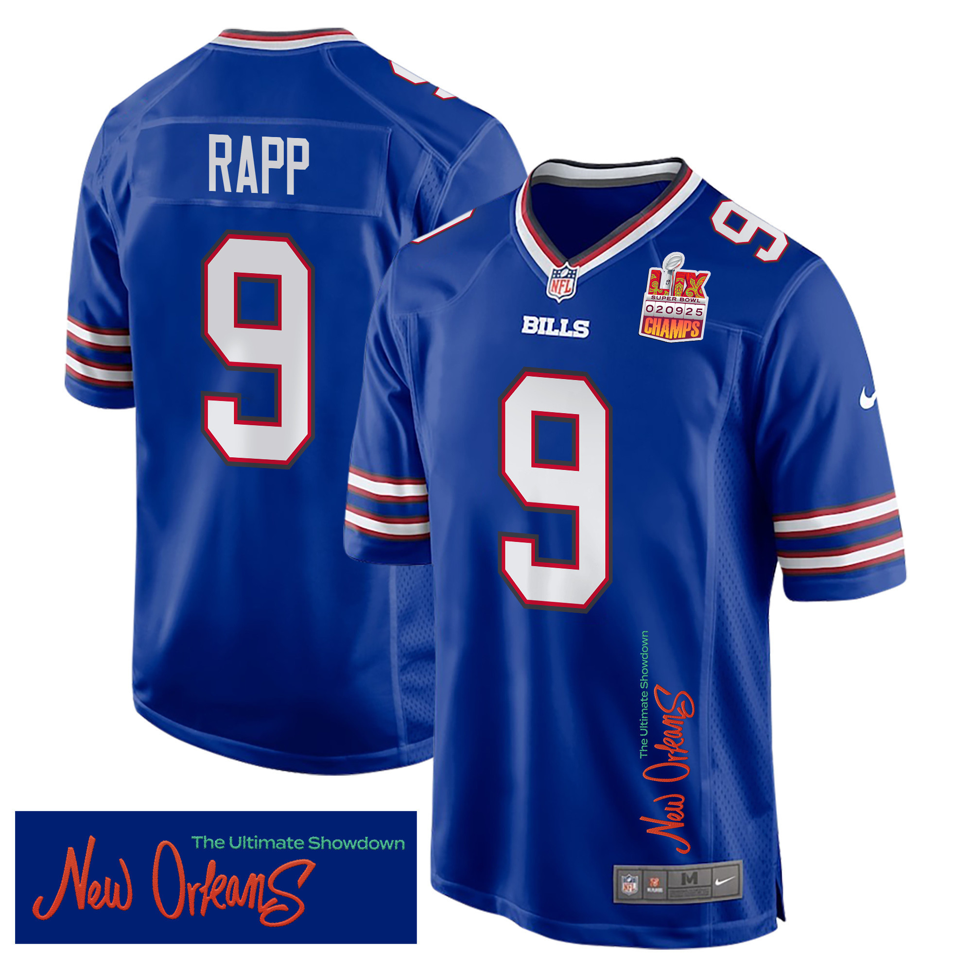 Hunk Wear - Taylor Rapp 9 Buffalo Bills Super Bowl LIX Champions Patch 'New Orleans ' The Ultimate Showdown' EMBROIDERED Game Men Jersey ' Royal
