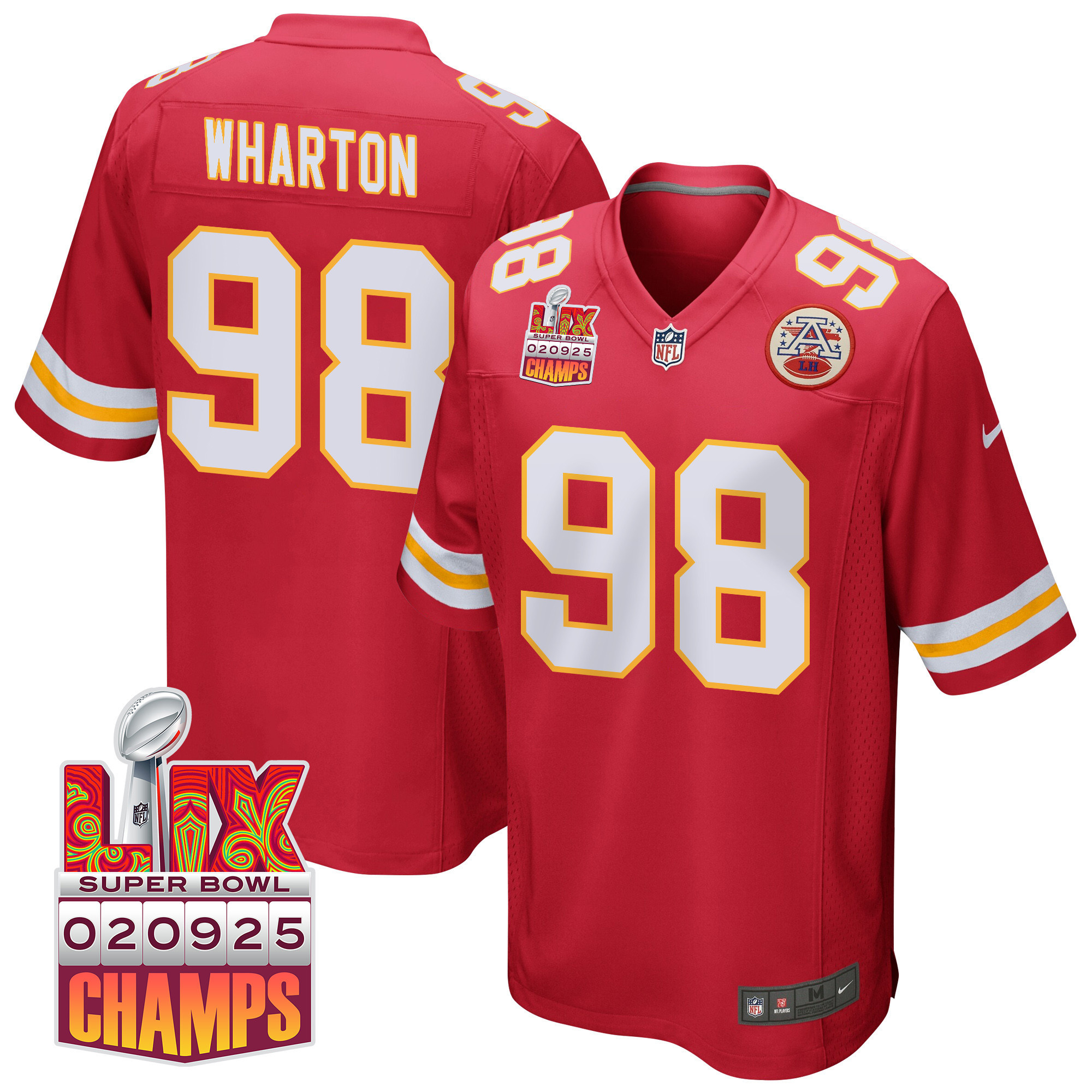 Hunk Wear - Tershawn Wharton 98 Kansas City Chiefs Super Bowl LIX Champions Patch Game Men Jersey ' Red