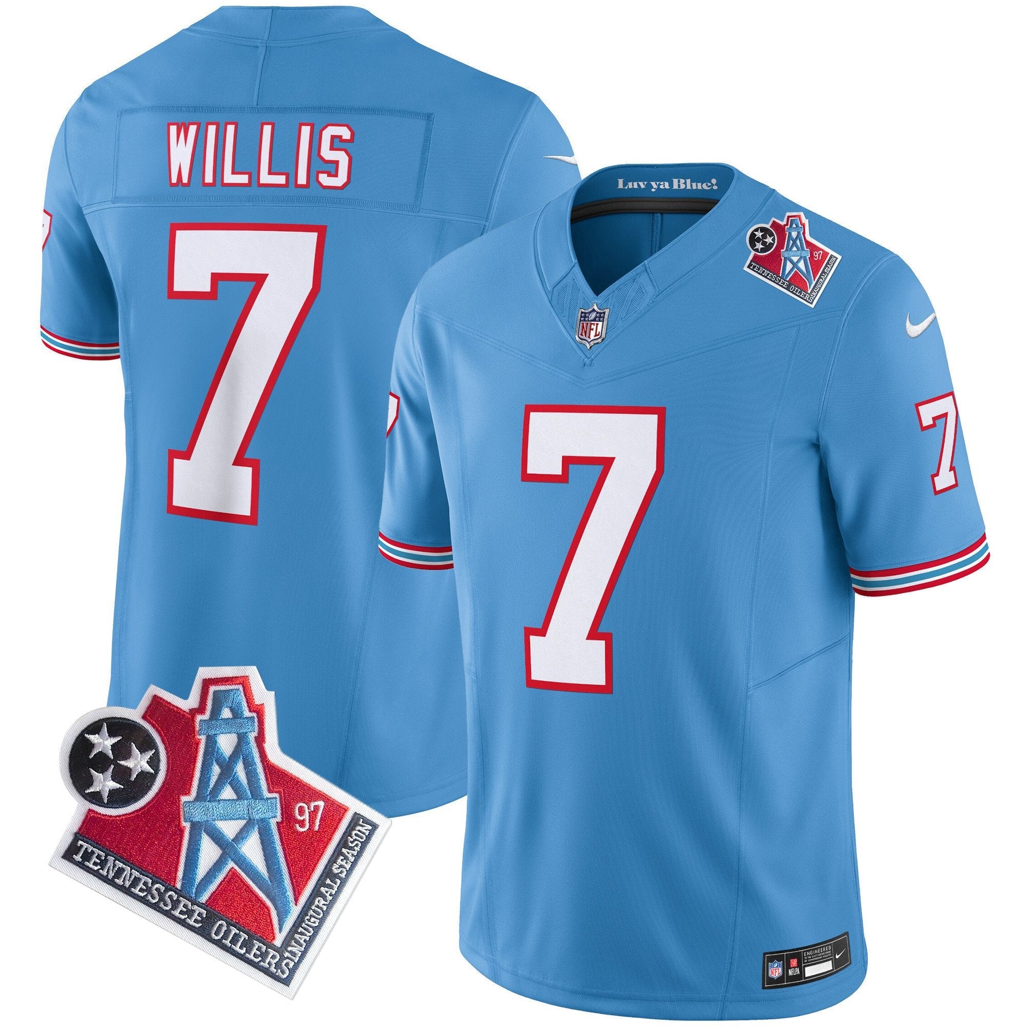 Hunk Wear - Titans 1997 Throwback Limited Vapor Jersey V2 – All Stitched – Light Blue – Malik Willis Jersey