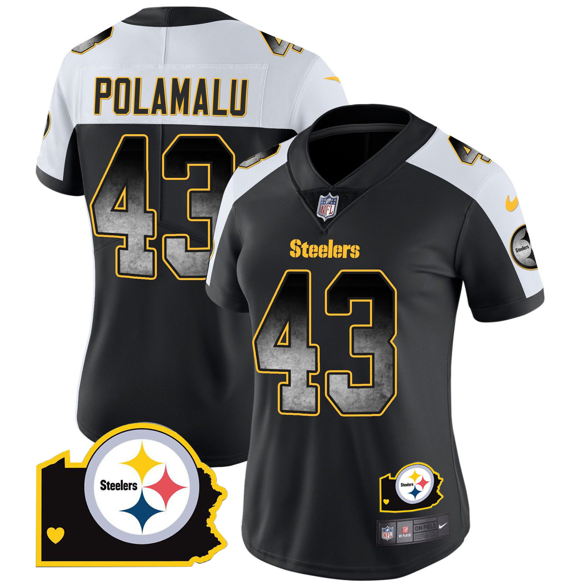 Hunk Wear - Troy Polamalu Women's Pittsburgh Steelers Arch Smoke Home Patch Vapor Alternate Jersey