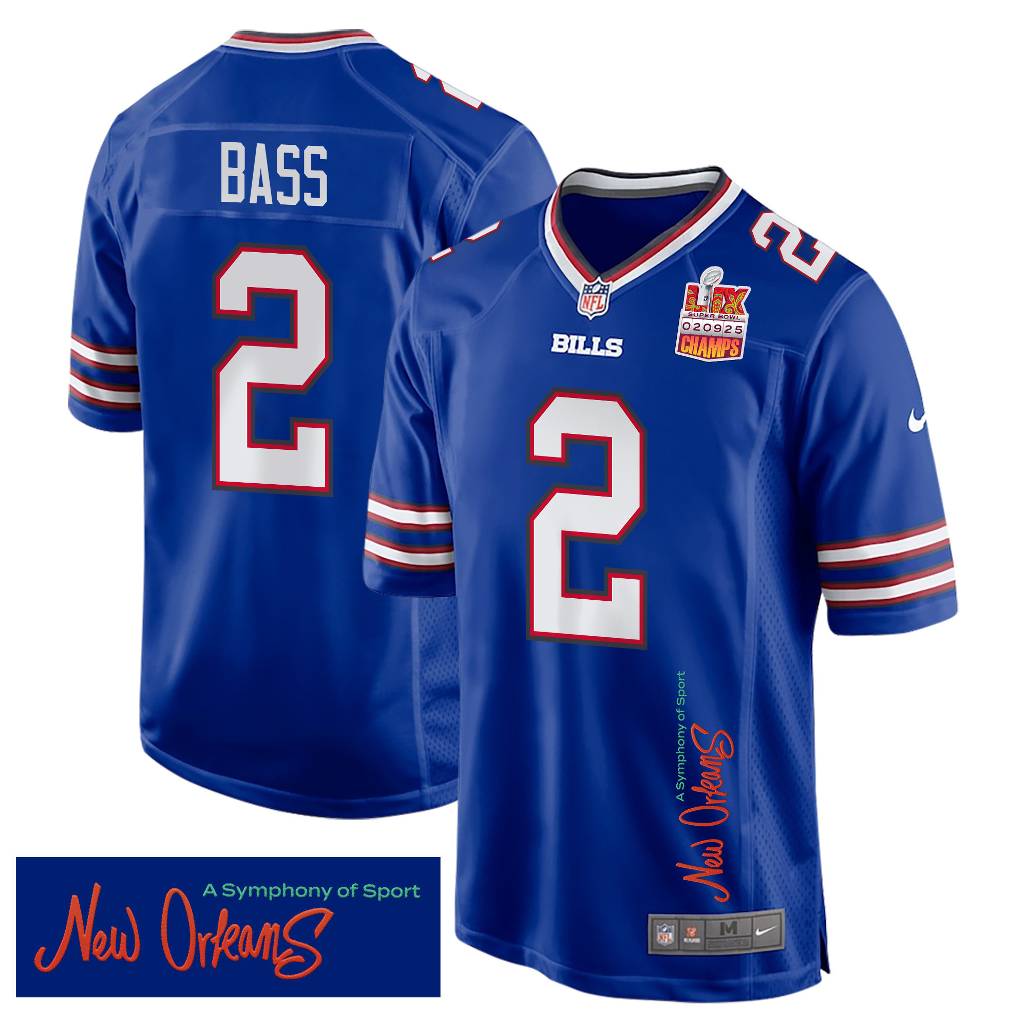 Hunk Wear - Tyler Bass 2 Buffalo Bills Super Bowl LIX Champions Patch 'New Orleans ' A Symphony of Sport' EMBROIDERED Game Men Jersey ' Royal