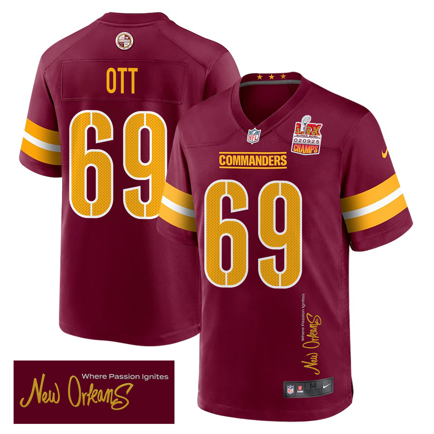 Hunk Wear - Tyler Ott 69 Washington Commanders Super Bowl LIX Champions Patch 'New Orleans ' Where Passion Ignites' EMBROIDERED Game Men Jersey ' Burgundy