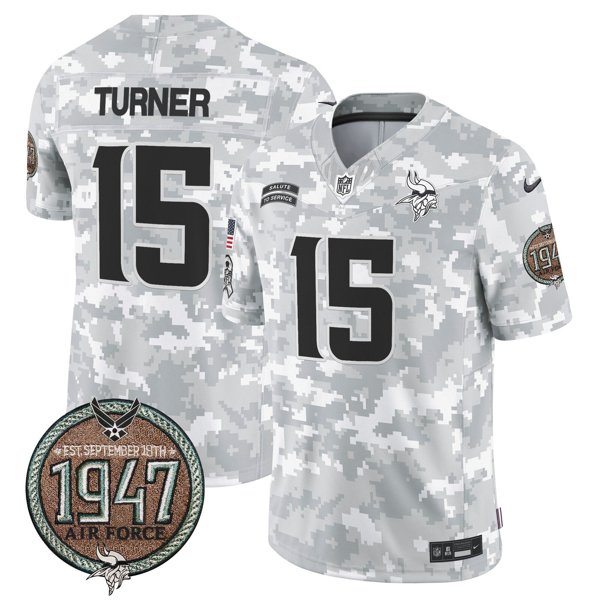Hunk Wear - Vikings 2024 Salute to Service Establishment Year Patch Vapor Limited Jersey ' All Stitched ' Air Force ' Dallas Turner Jersey