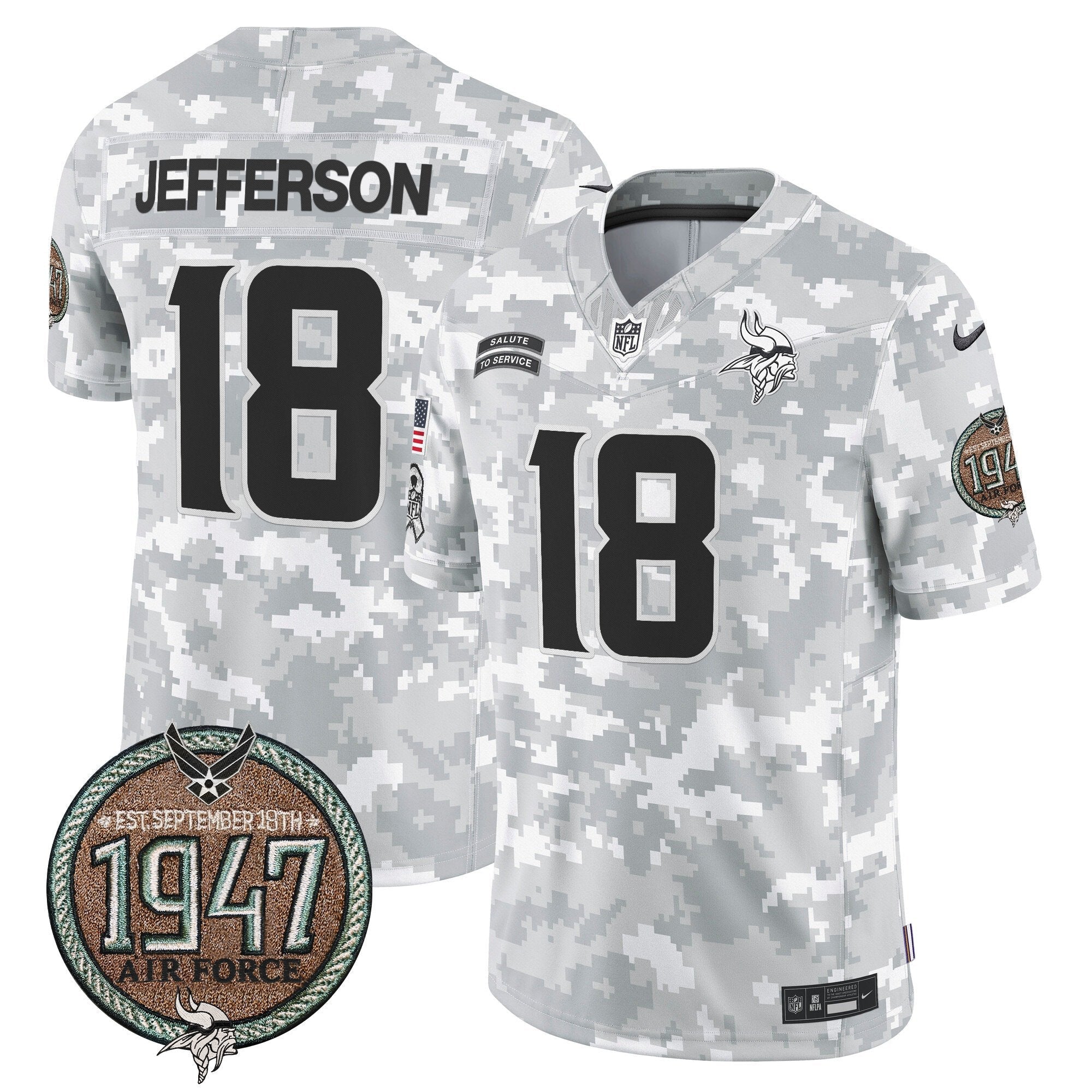 Hunk Wear - Vikings 2024 Salute to Service Establishment Year Patch Vapor Limited Jersey ' All Stitched ' Air Force ' Justin Jefferson Jersey
