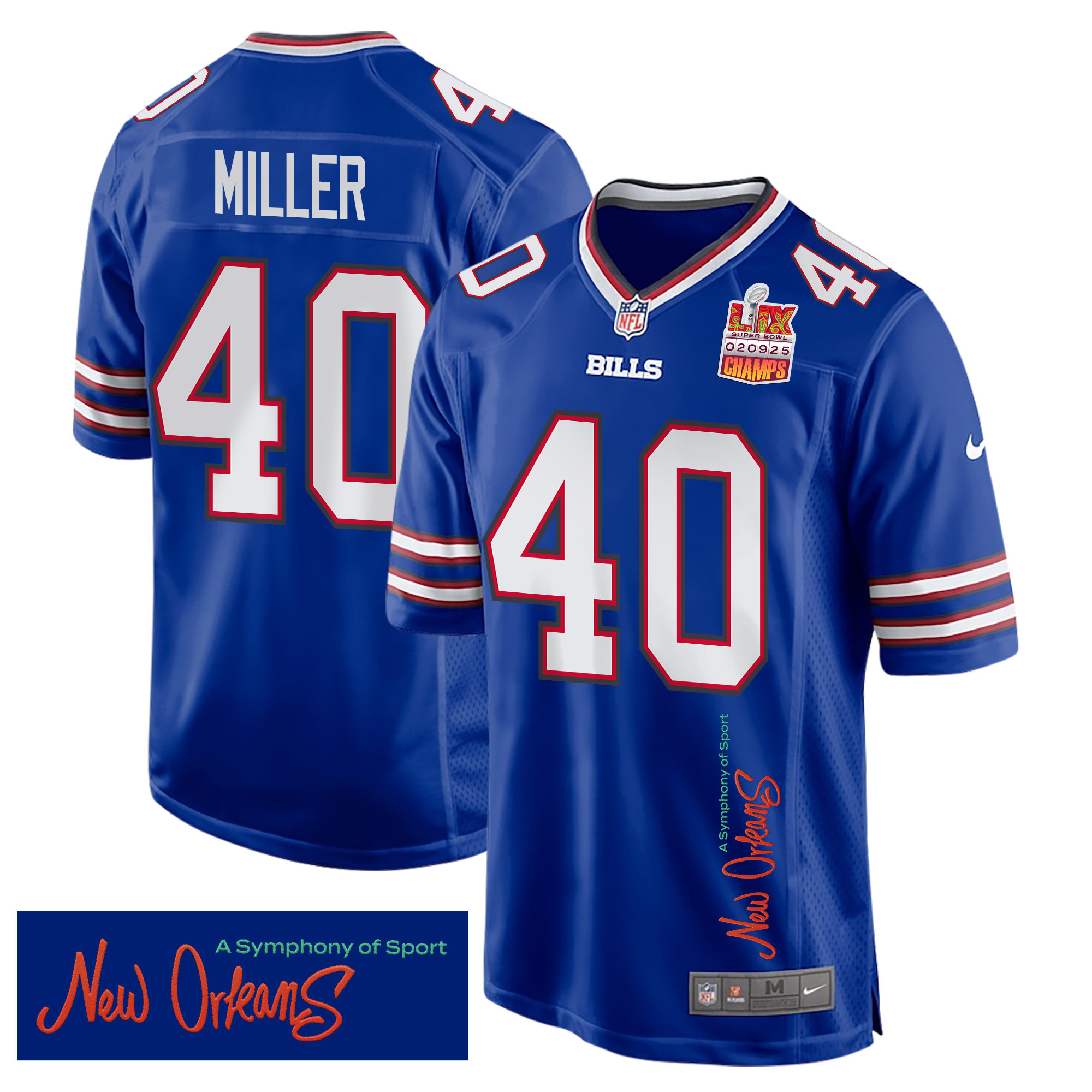Hunk Wear - Von Miller 40 Buffalo Bills Super Bowl LIX Champions Patch 'New Orleans ' A Symphony of Sport' EMBROIDERED Game Men Jersey ' Royal