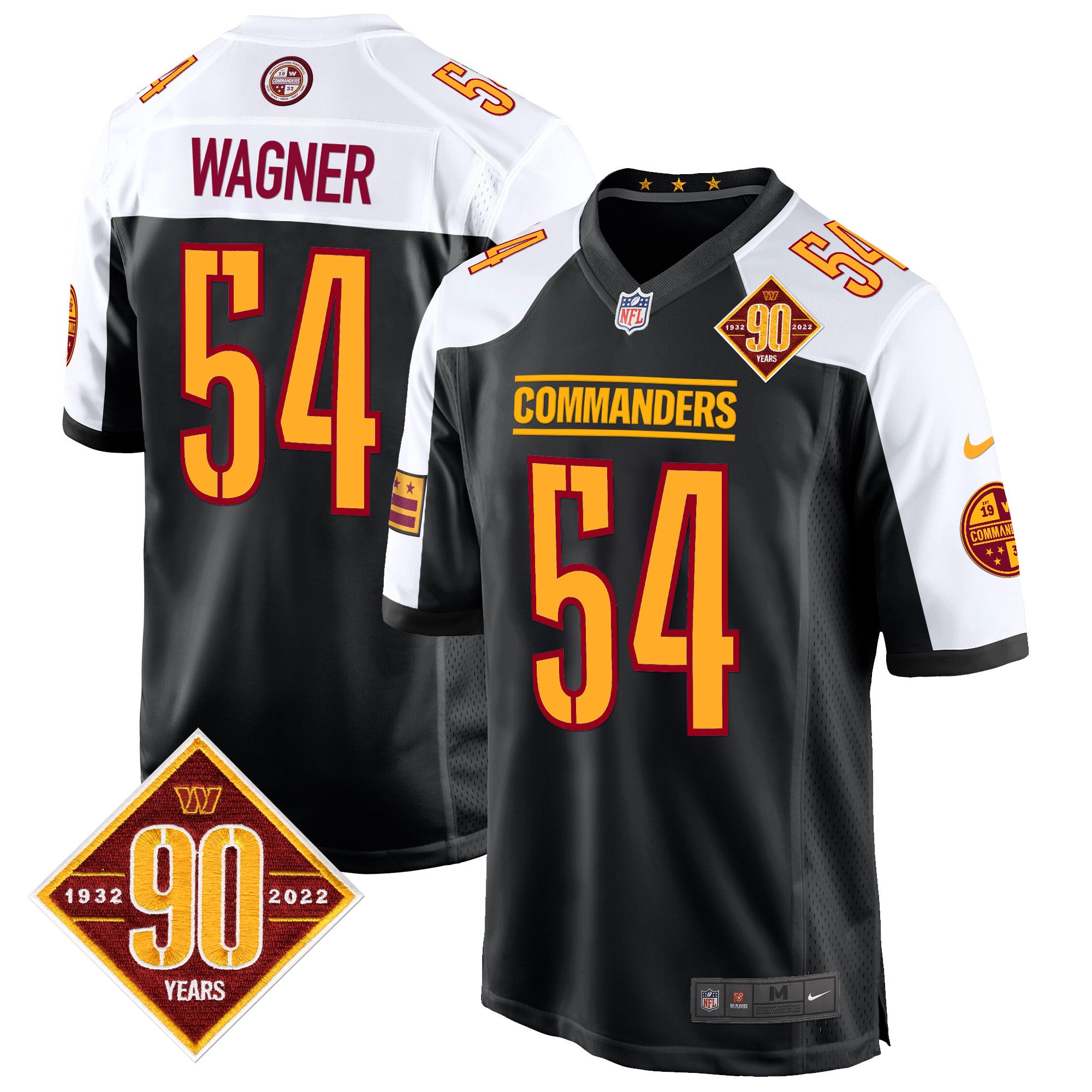 Hunk Wear - Washington Commanders 90th Anniversary Patch Game Jersey – All Stitched – Black Alternate – Bobby Wagner Jersey