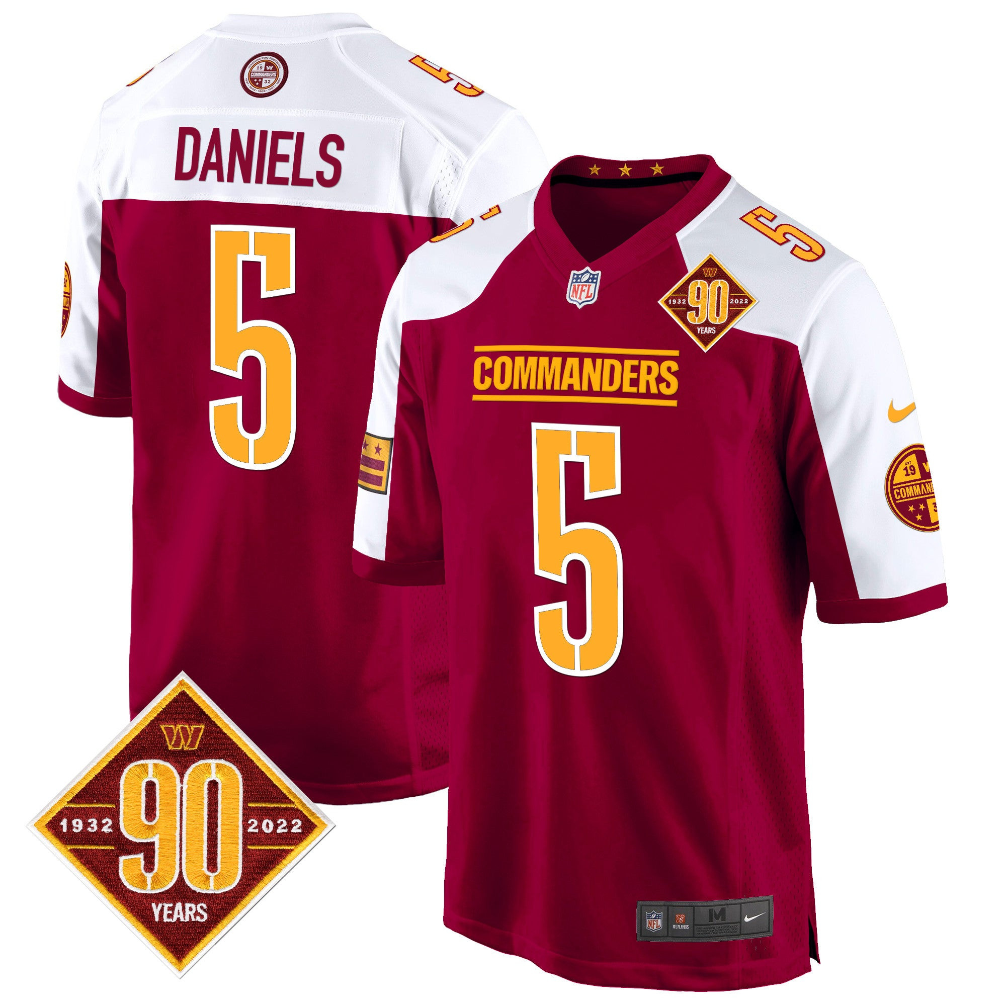 Hunk Wear - Washington Commanders 90th Anniversary Patch Game Jersey – All Stitched – Burgundy Alternate – Jayden Daniels Jersey