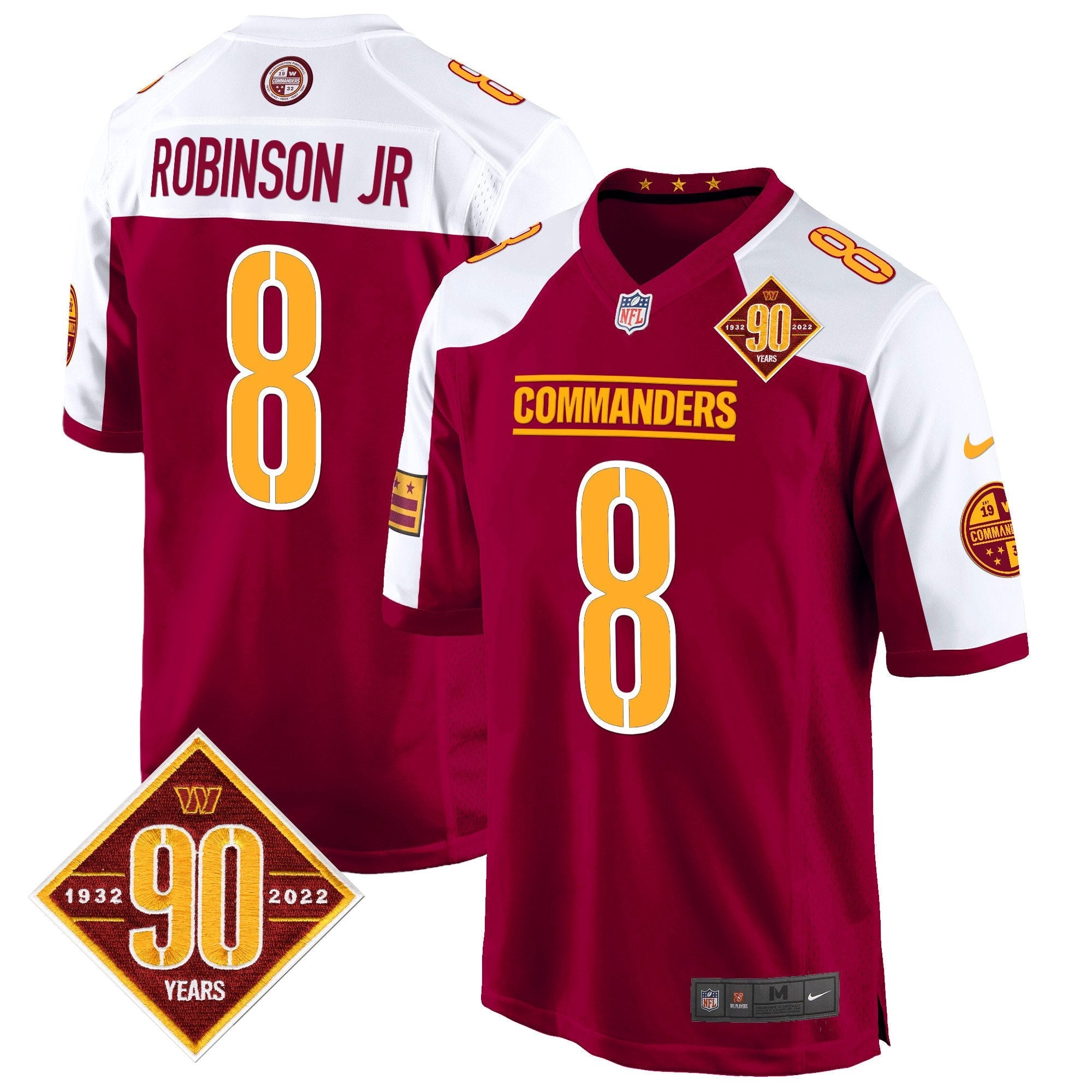 Hunk Wear - Washington Commanders 90th Anniversary Patch Game Jersey – All Stitched – Burgundy Alternate – Robinson Jr. Jersey