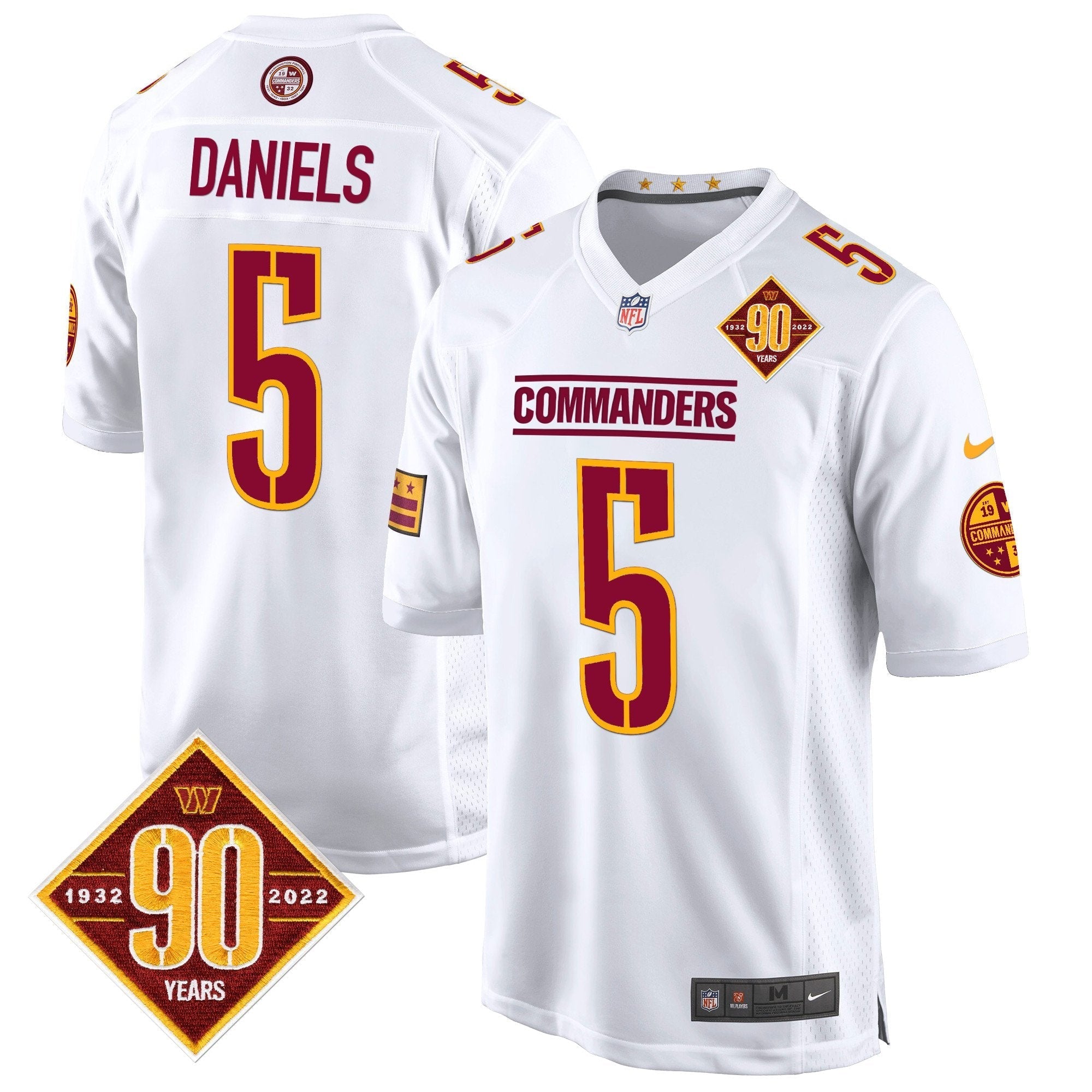 Hunk Wear - Washington Commanders 90th Anniversary Patch Game Jersey – All Stitched – White – Jayden Daniels Jersey