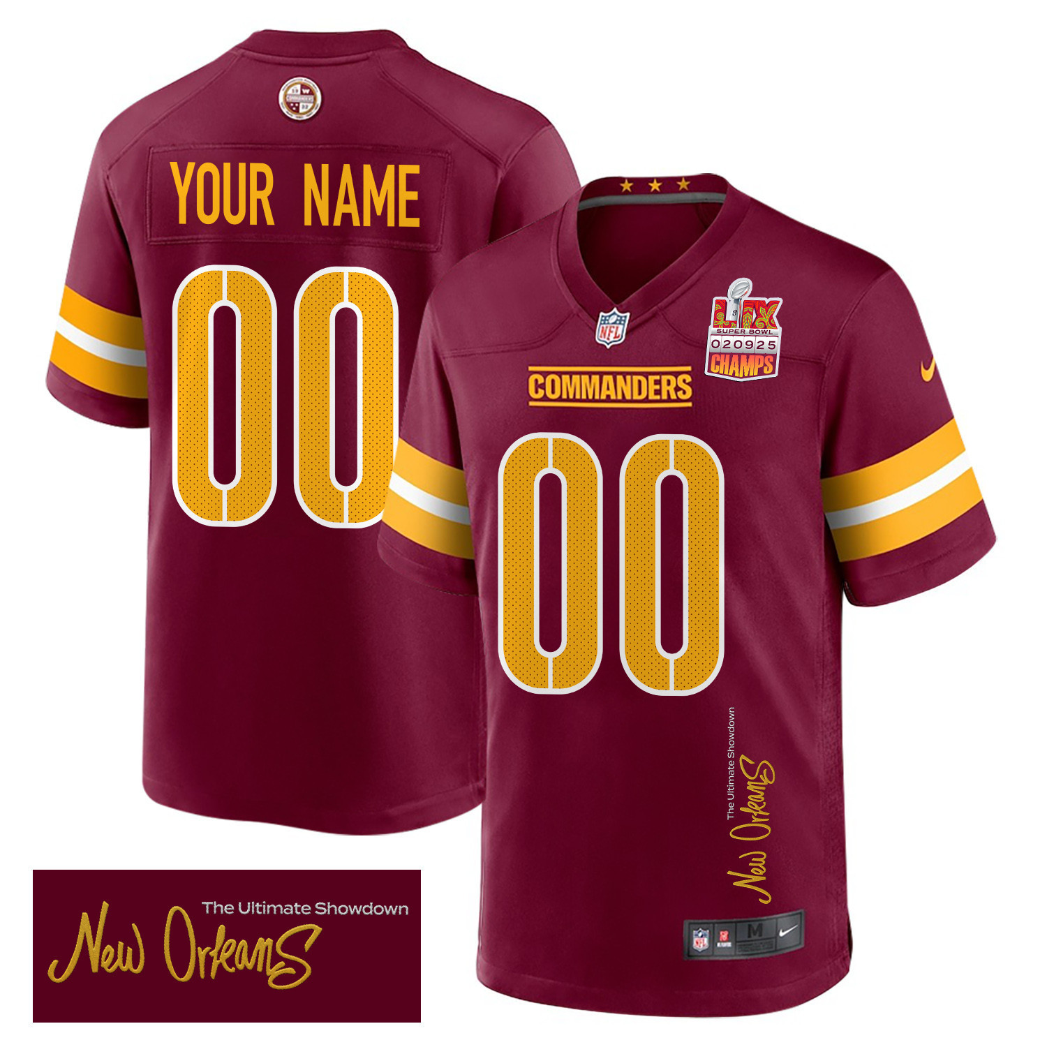 Hunk Wear - Washington Commanders Super Bowl LIX Champions Patch 'New Orleans ' The Ultimate Showdown' EMBROIDERED Game Men Custom Jersey ' Burgundy