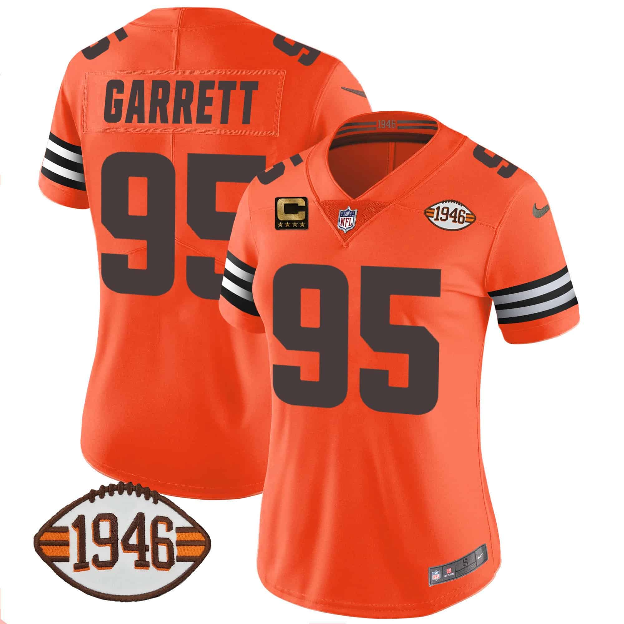 Hunk Wear - Women's Browns 1946 75th Anniversary Patch Jersey ' All Stitched ' Orange ' Myles Garrett