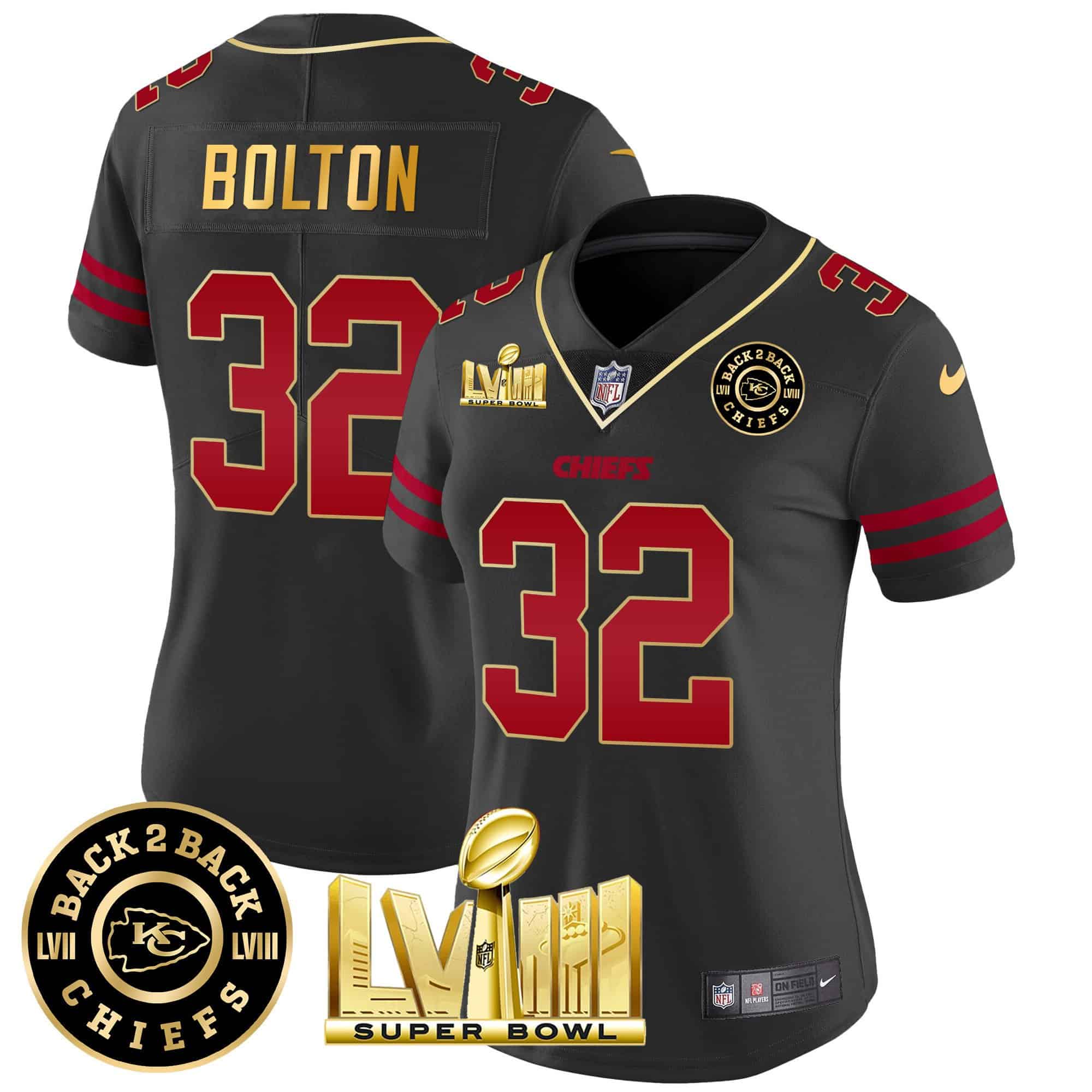 Hunk Wear - Women's Chiefs Super Bowl LVIII & Back 2 Back Patch Vapor Jersey V3 ' All Stitched ' Gold Trim ' Nick Bolton