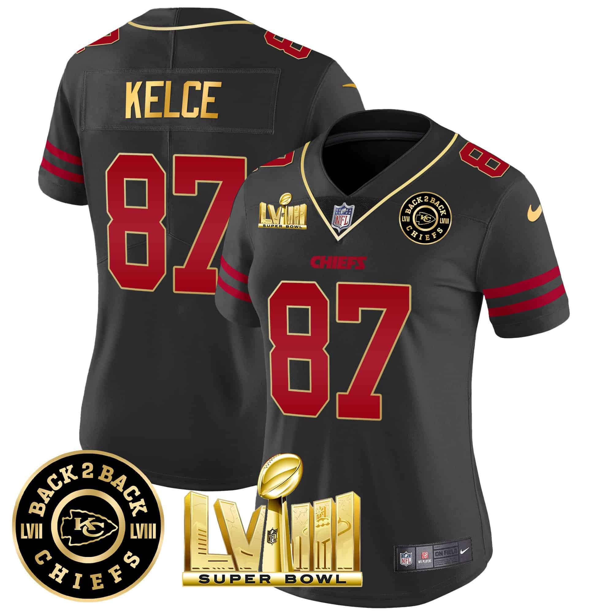 Hunk Wear - Women's Chiefs Super Bowl LVIII & Back 2 Back Patch Vapor Jersey V3 ' All Stitched ' Gold Trim ' Travis Kelce
