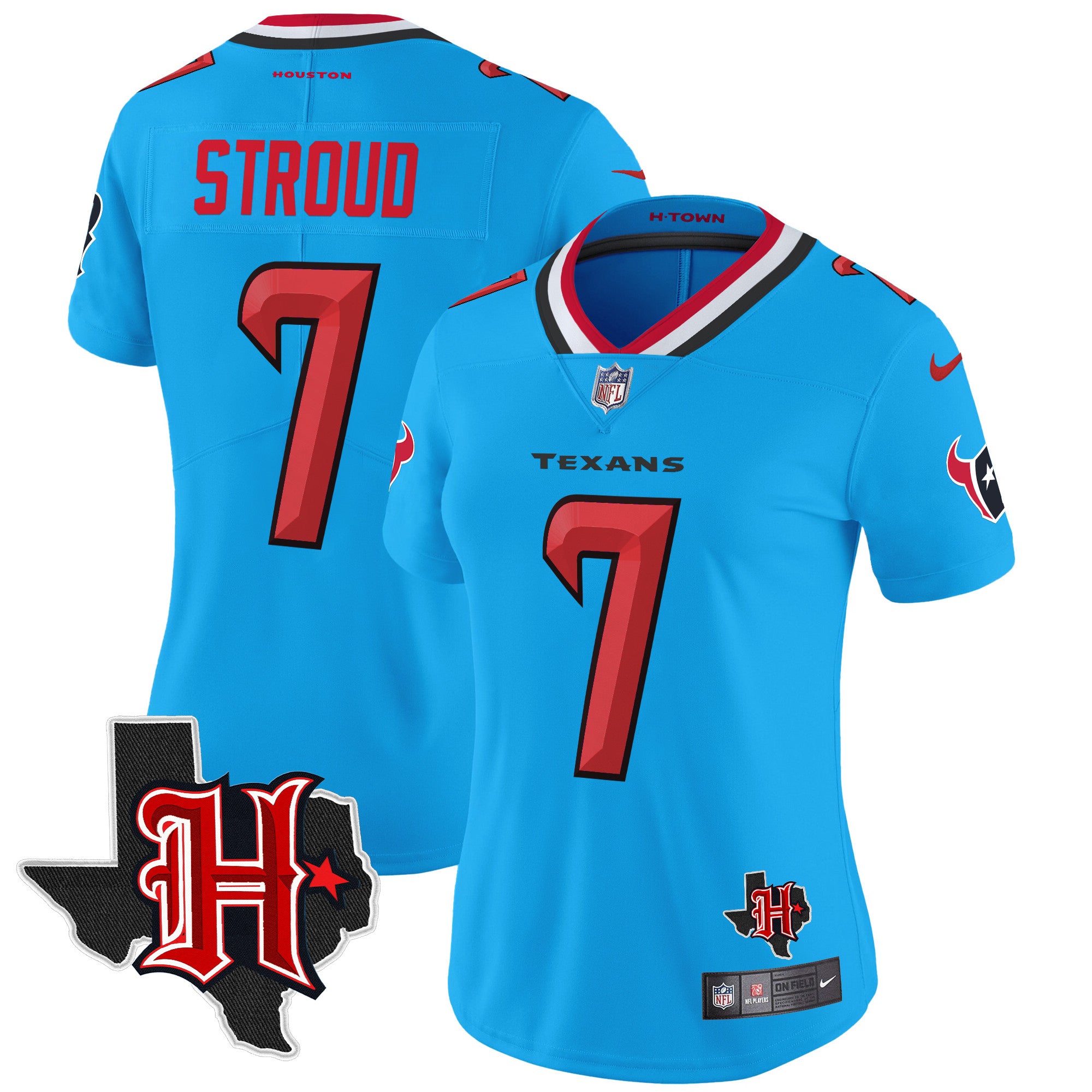 Hunk Wear - Women's Houston Texans 2024 Texas Patch Vapor Limited Jersey V5 ' All Stitched ' Blue ' C.J. Stroud Jersey
