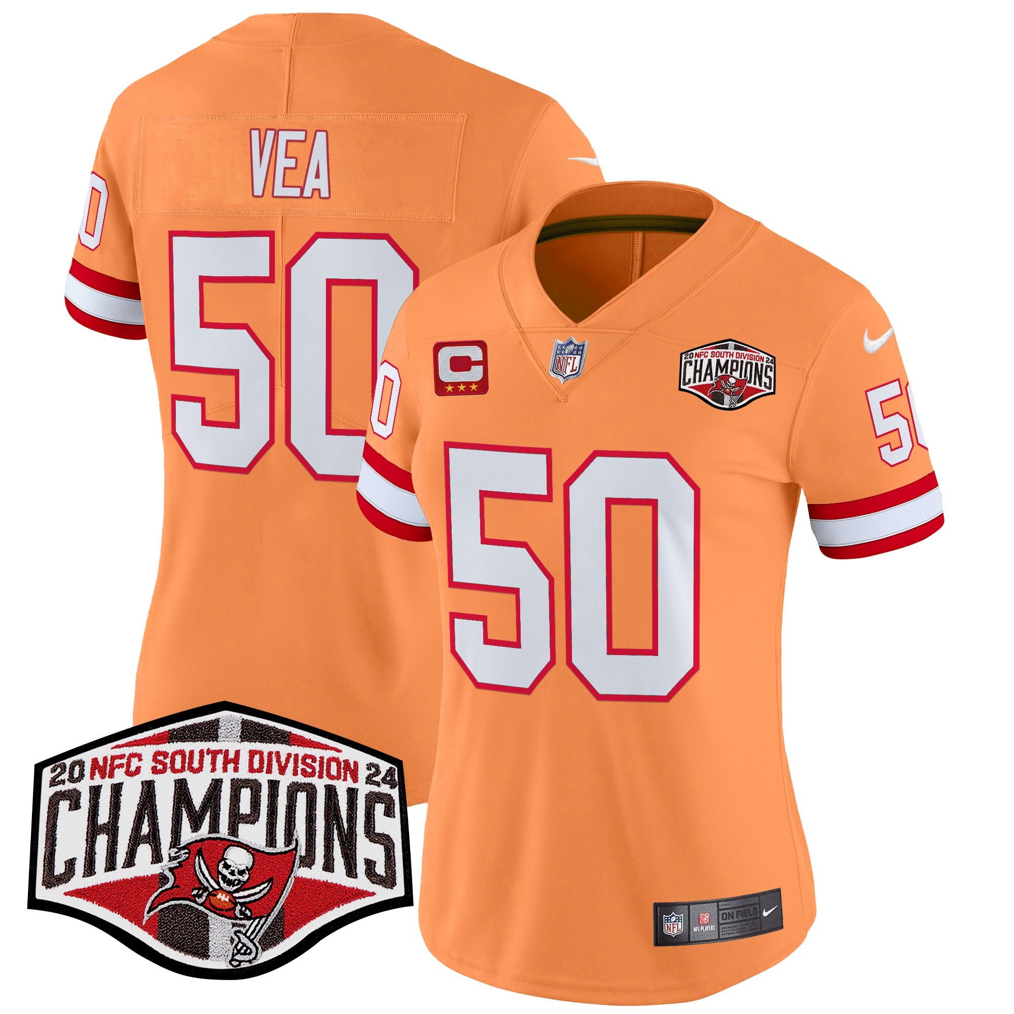 Hunk Wear - Women's Tampa Bay Buccaneers Creamsicle 2024 NFC South Division Champions Patch Vapor Limited Jersey ' All Stitched ' Creamsicle ' Vita Vea Jersey