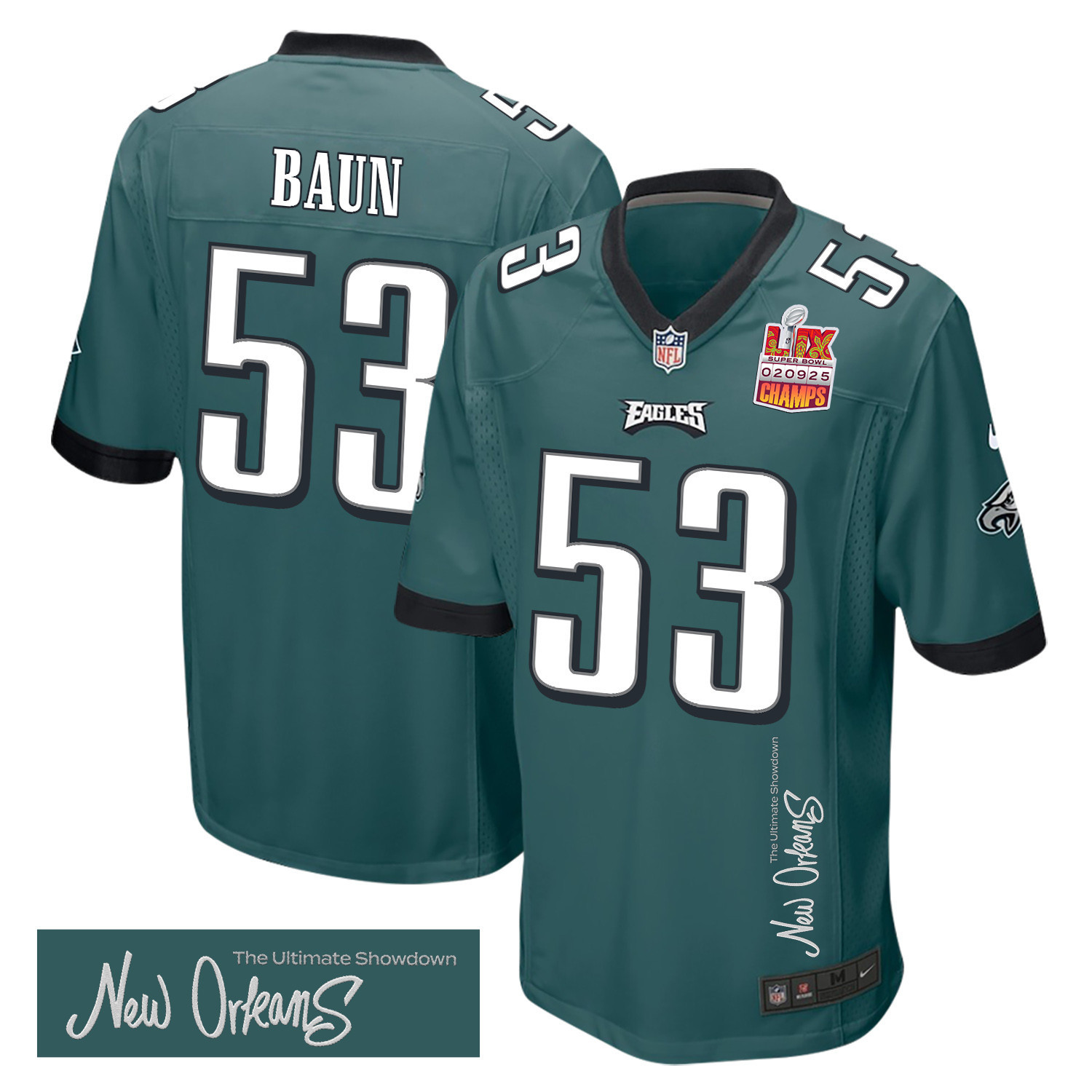 Hunk Wear - Zack Baun 53 Philadelphia Eagles Super Bowl LIX Champions Patch 'New Orleans ' The Ultimate Showdown' EMBROIDERED Game Men Jersey ' Midnight Green