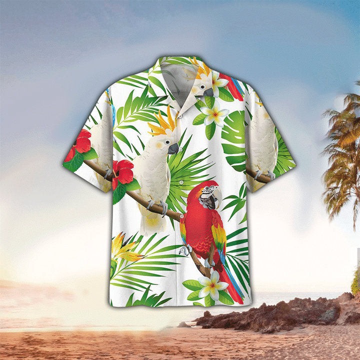 Tropical Flowers And Leaves White Parrot Hawaiian Shirt
