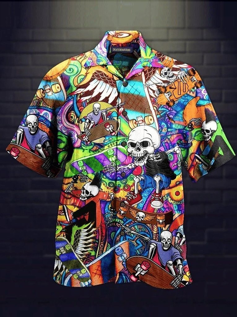 Vintage Skull Life Is Colorful Short Sleeve Hippie Style Hawaiian Shirt