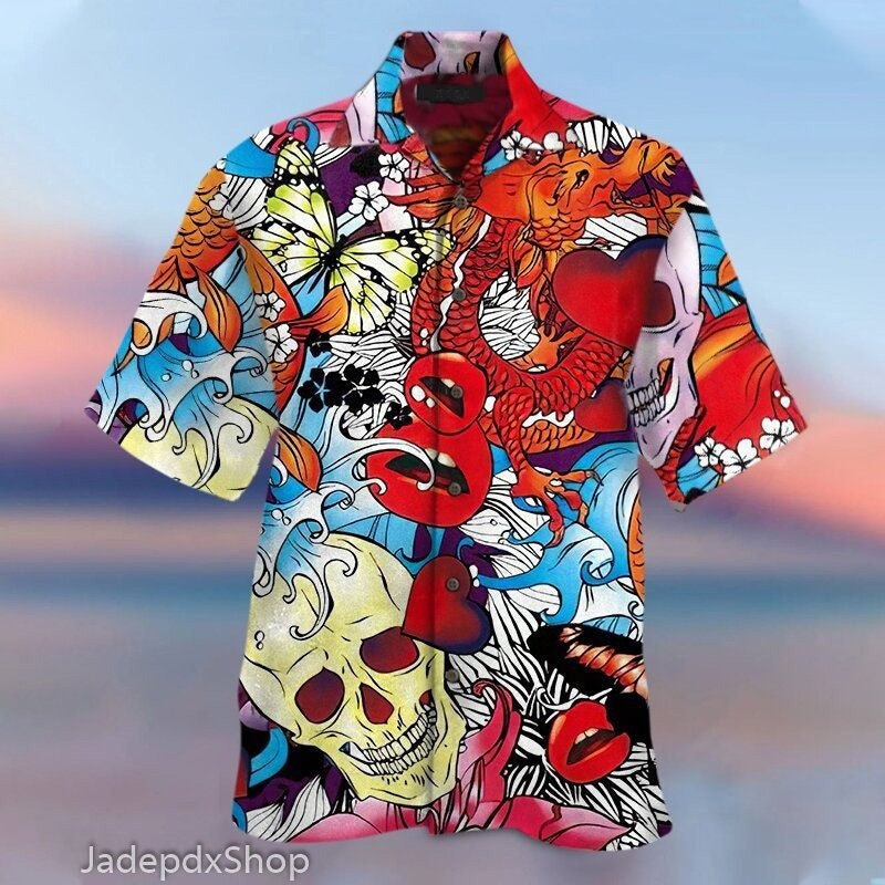 Rock skull fashion dragon floral Hawaiian Shirt