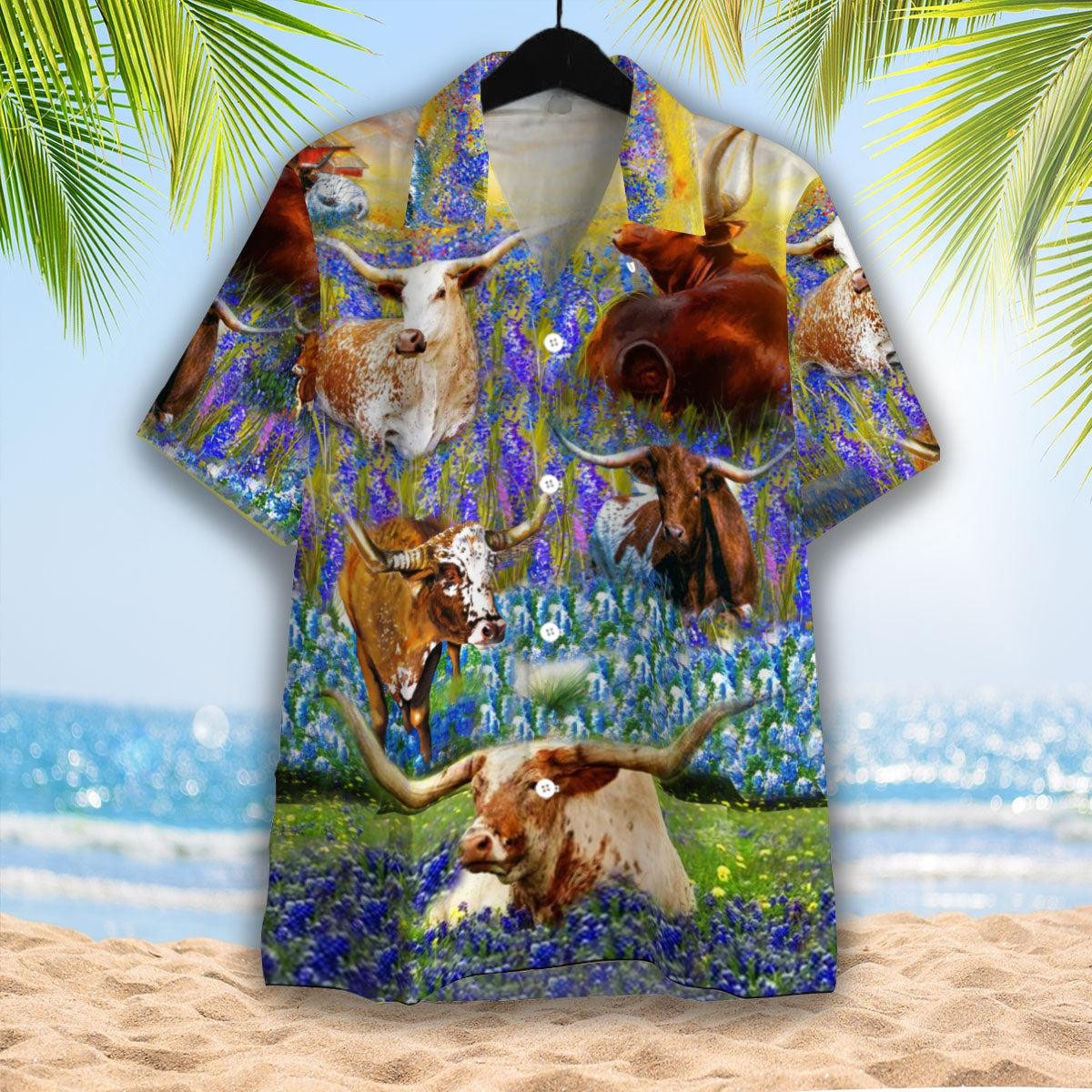 Texas Longhorn In Bluebonnets Hawaiian Shirt