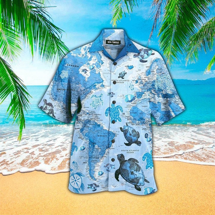 Sea Turtle Map Blue Hawaiian Shirt