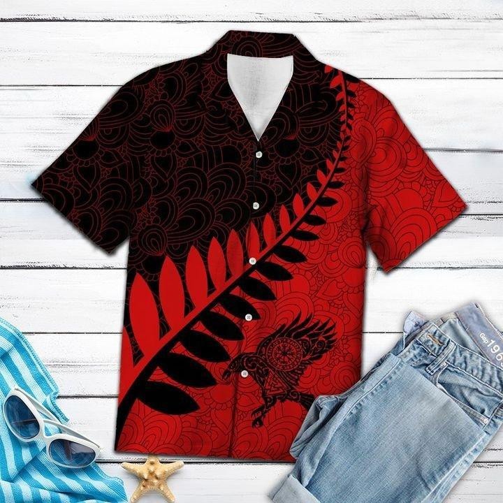 Raven Viking Leaf Red Black Pattern Hawaiian Shirt
