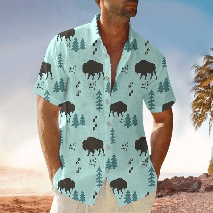 Bison Silhouette Jungle Pattern Hawaiian Shirt
