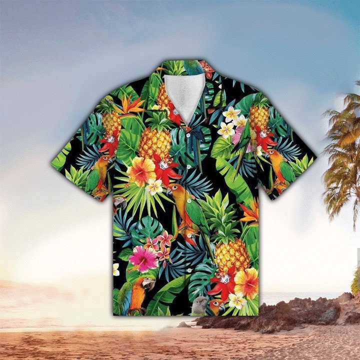 Parrot Tropical Pineapple & Hibiscus Vintage Hawaiian Shirt