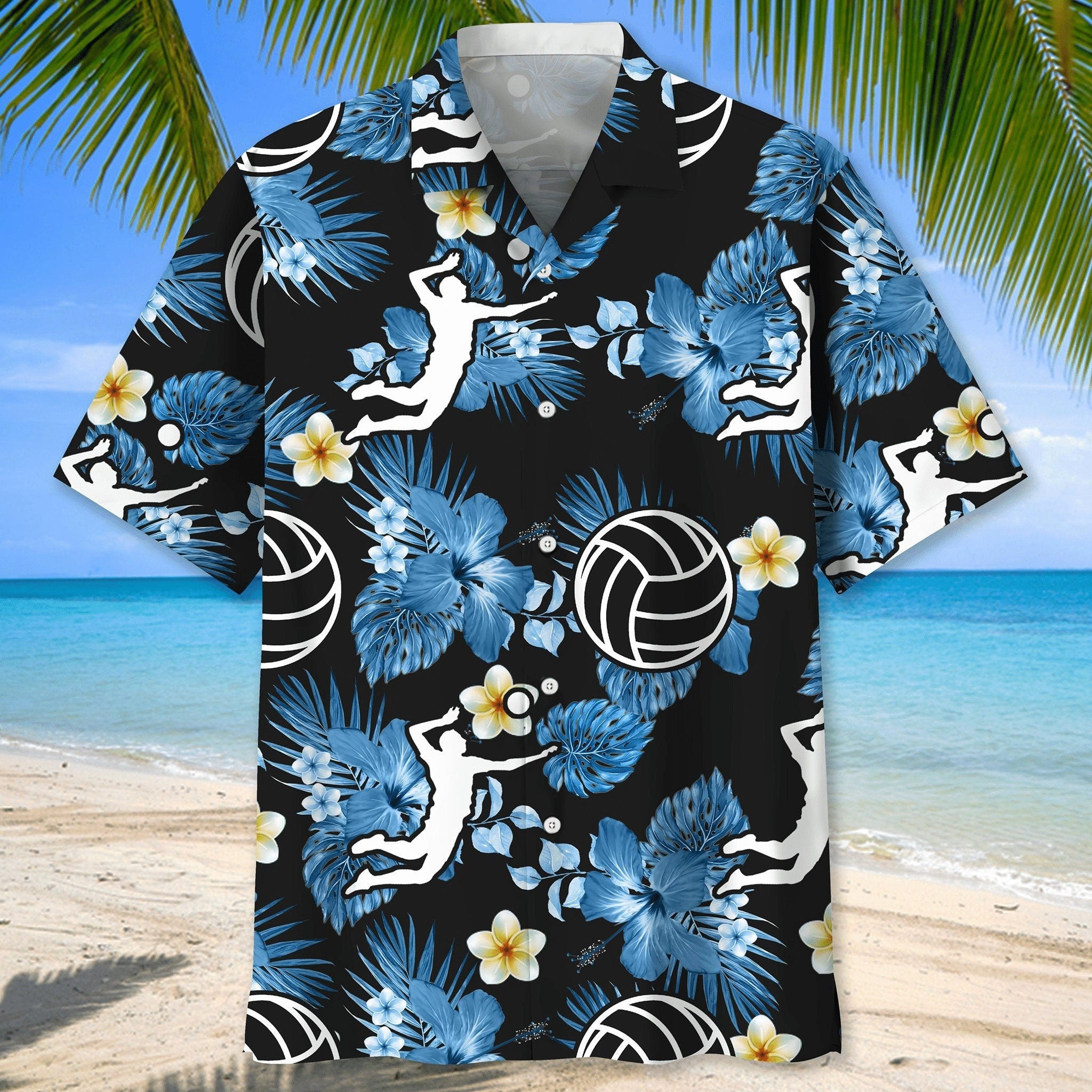 Volleyball Tropical Hibiscus Blue Hawaiian Shirt