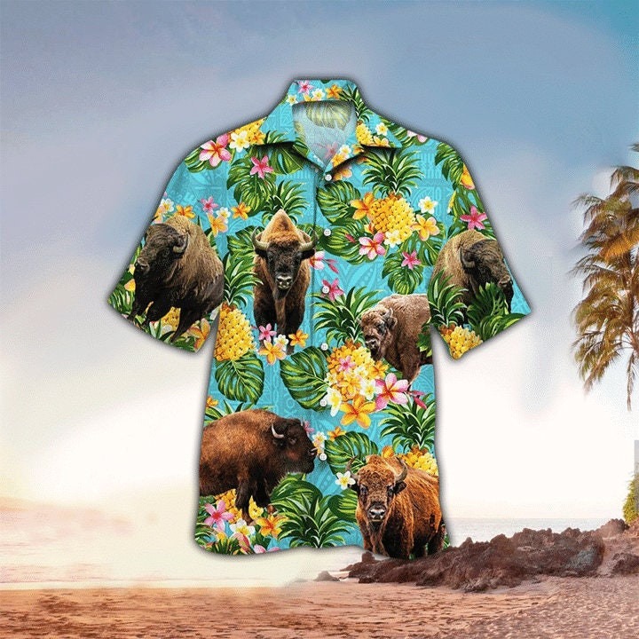 Tropical Bison With Pineapple Hawaiian Shirt