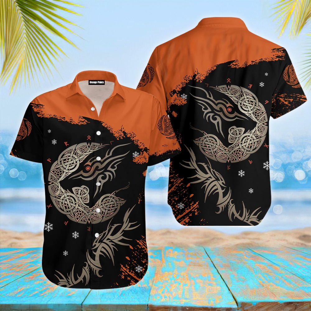 Viking Fenrir Wolf On Fire Hawaiian Shirt