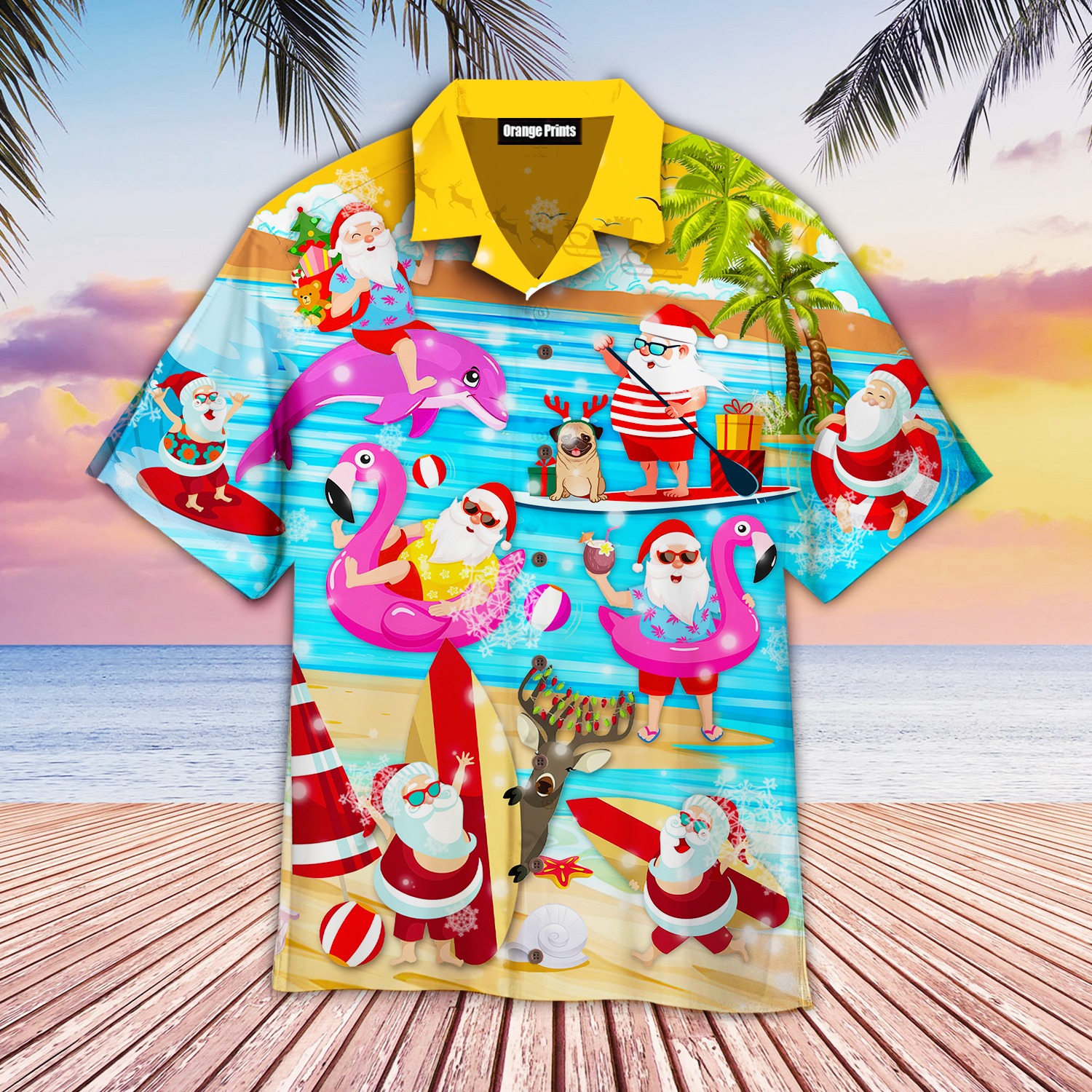 Merry Santa Surfing Dolphin On Christmas Hawaiian Shirt
