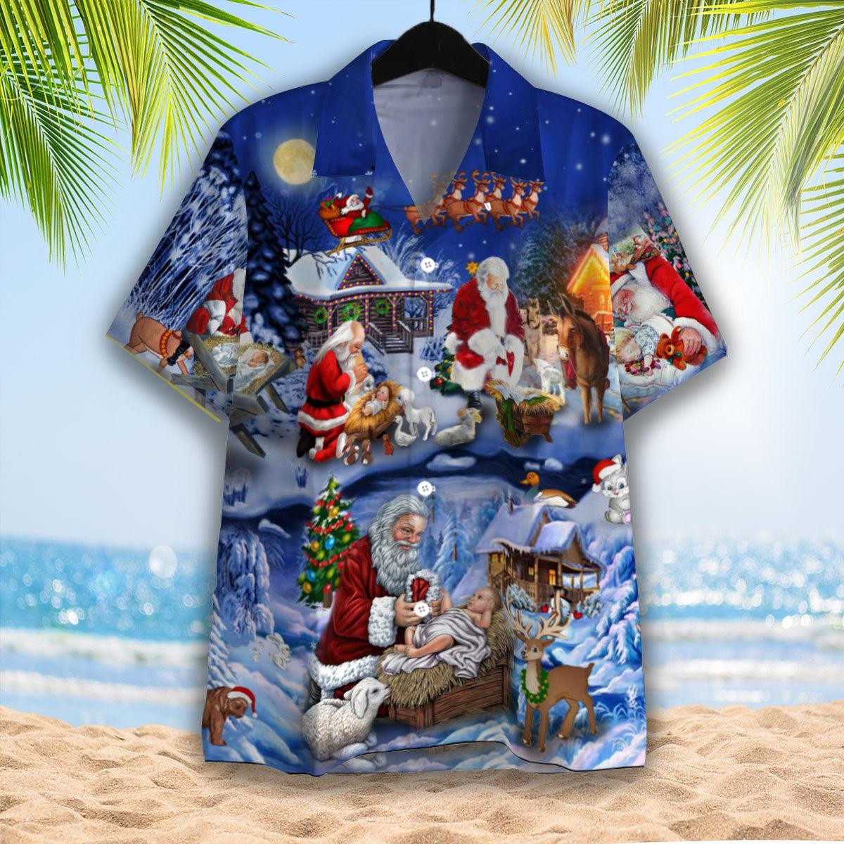 Santa Adoring Baby Jesus Hawaiian Shirt