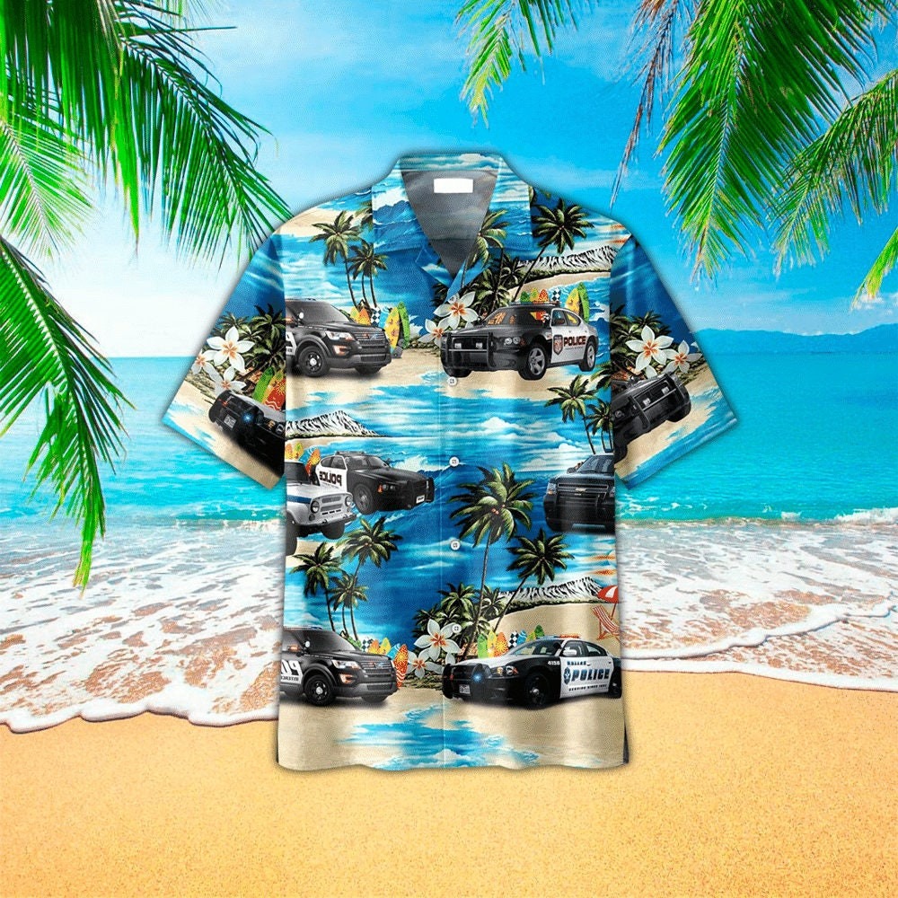 Tropical Beach Police Car Hawaiian Shirt