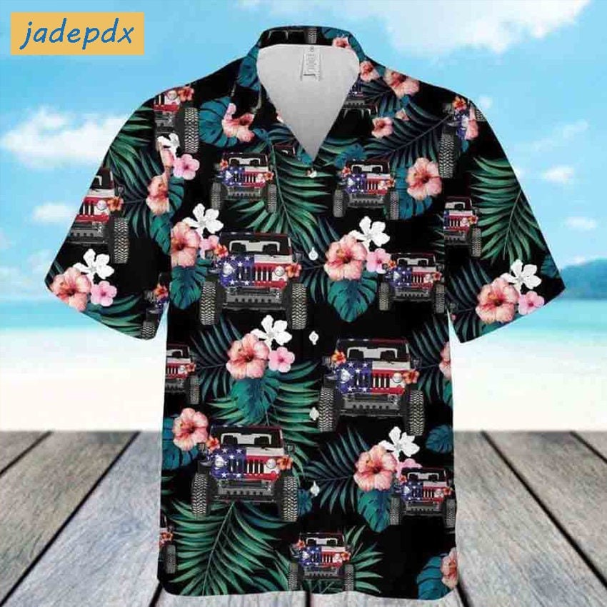 Tropical Hibiscus Truck American Flag Hawaiian Shirt For Independence Day – 4th Of July Aloha Shirt – Patriotic Vintage Hawaii Beach Shirt