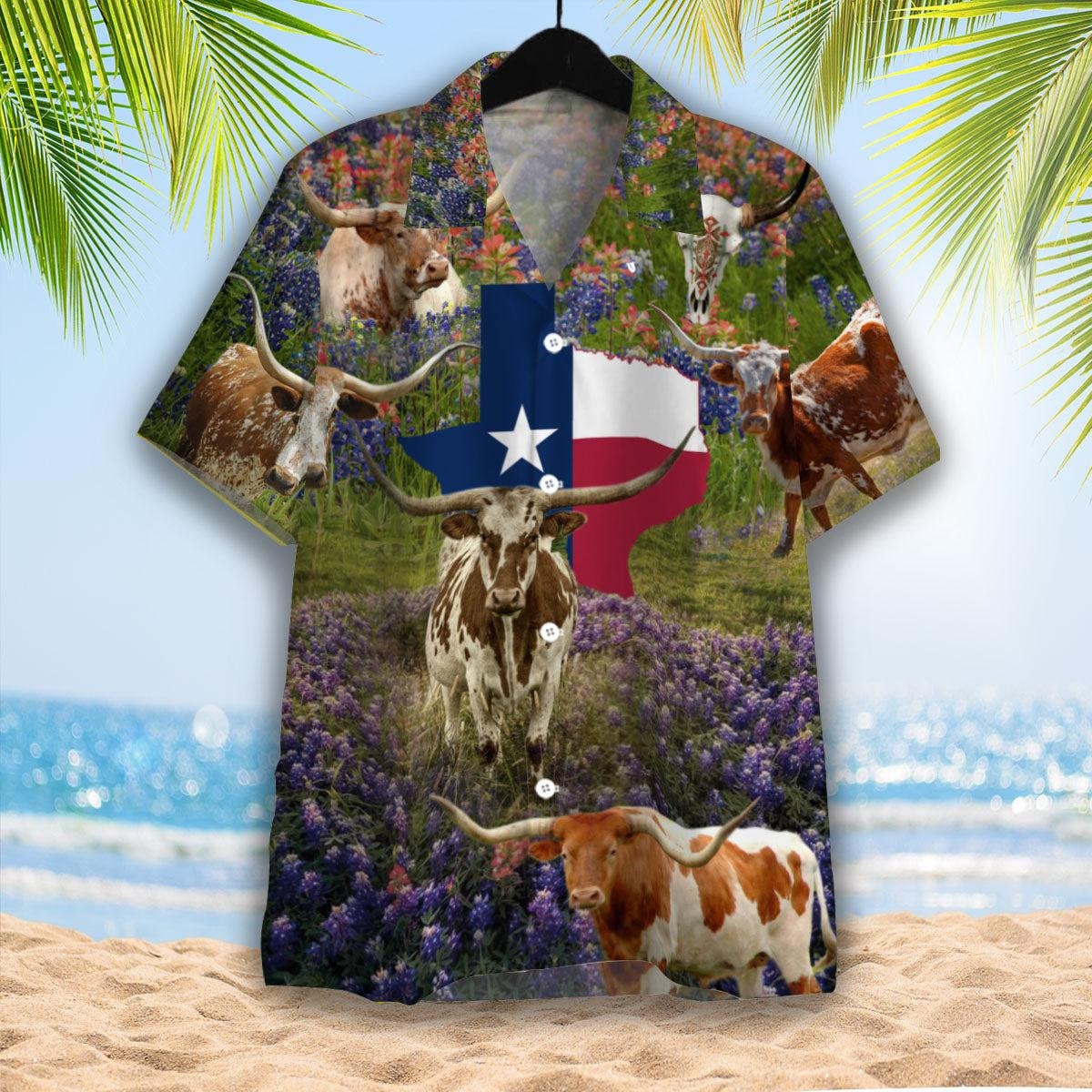 Texas Cow In Bluebonnet Field Hawaiian Shirt