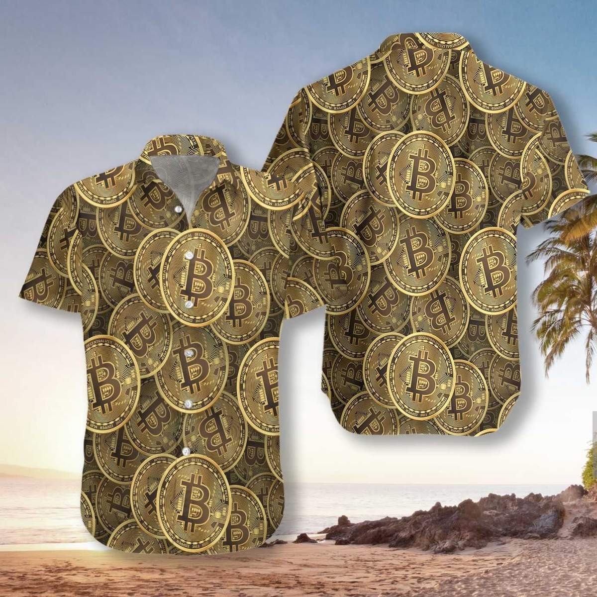 Realistic Seamless Bitcoin Unisex Hawaiian Shirt