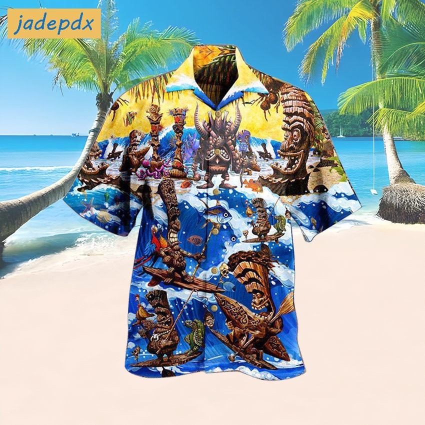 Tiki Happy Surfing Day With Tiki Bar Hawaiian Shirt